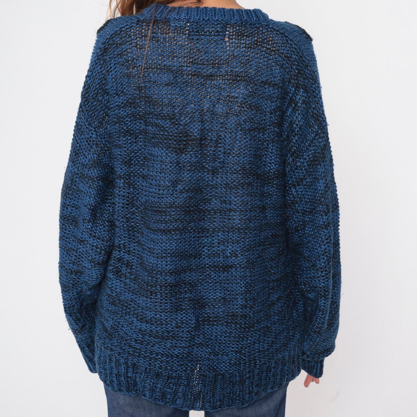 90s Embroidered Floral Knit Sweater Blue Black Chevron Stripe Extra Large
