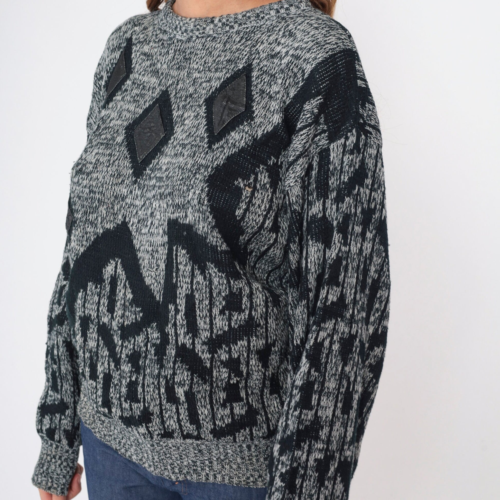 90s Raf Grey Black Flecked Knit Sweater Diamond Leather Patch Crewneck Large L