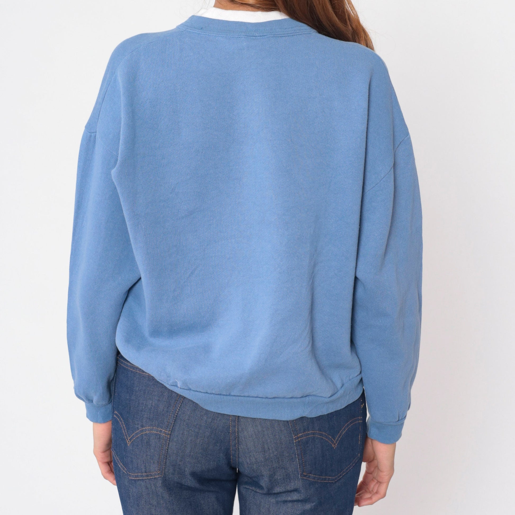 90s Morning Sun Bird Sweatshirt Blue Floral Tree Graphic Crewneck Petite Medium