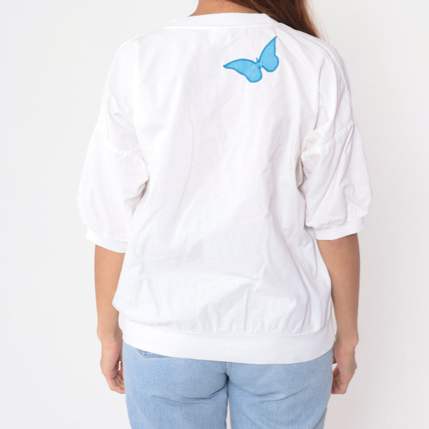 90s Butterfly Applique White Cotton T-Shirt Short Sleeve Banded Hem Large L