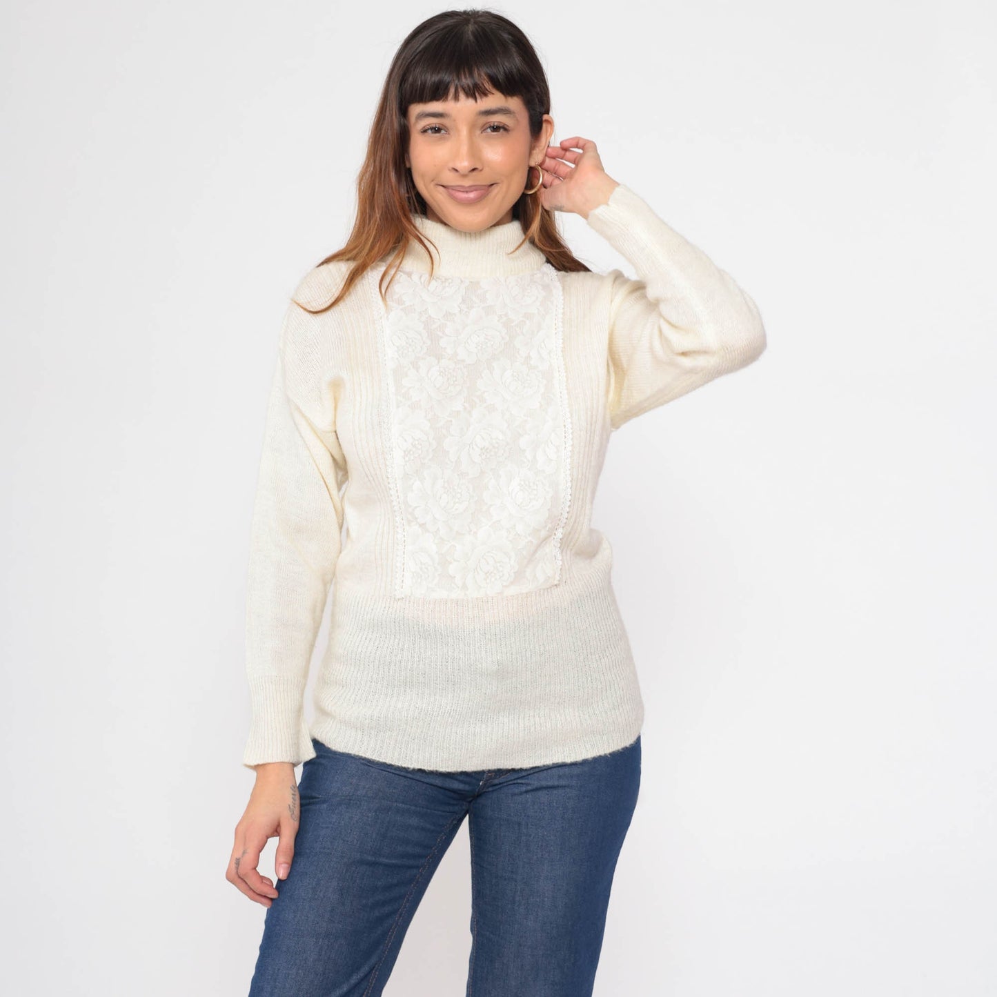 70s Jack Winter Cream Lace Mock Neck Sweater Knit Pullover Extra Small
