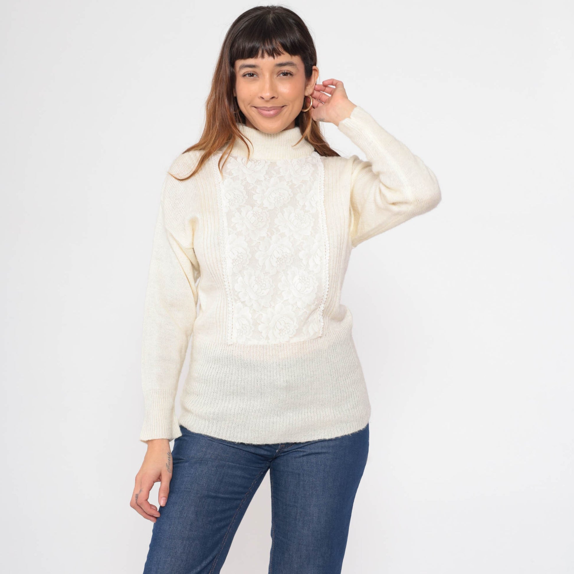 70s Jack Winter Cream Lace Mock Neck Sweater Knit Pullover Extra Small