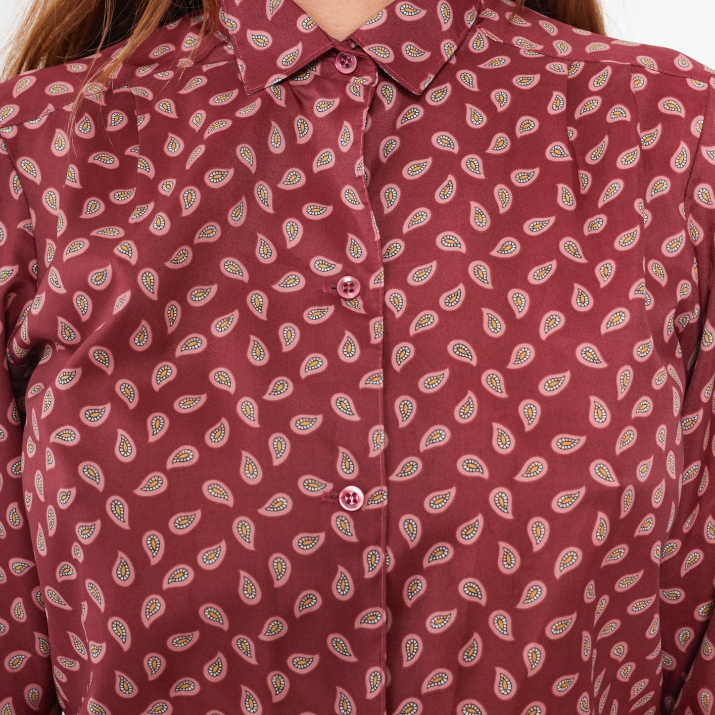 80s Burgundy Paisley Button-Up Blouse Long Sleeve Collar Medium