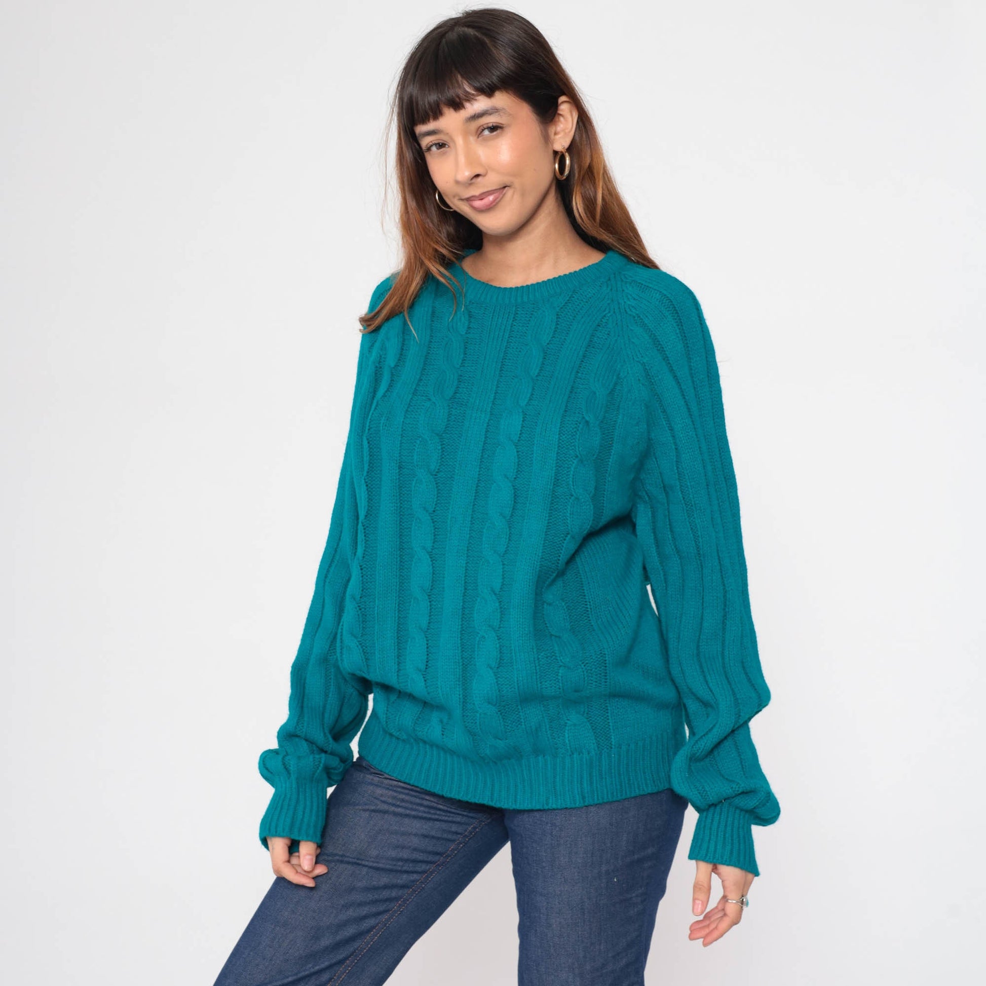80s Wrangler Teal Cable Knit Crewneck Sweater Raglan Sleeve Medium