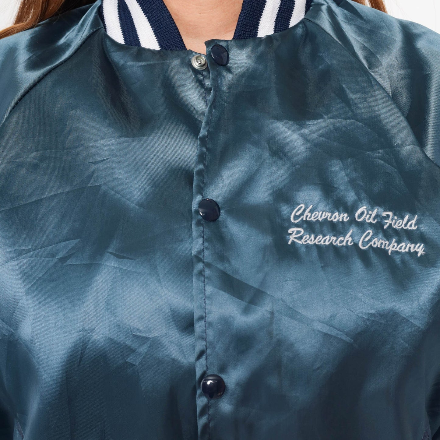 80s Chevron Oil Field Research Satin Bomber Jacket Blue Medium