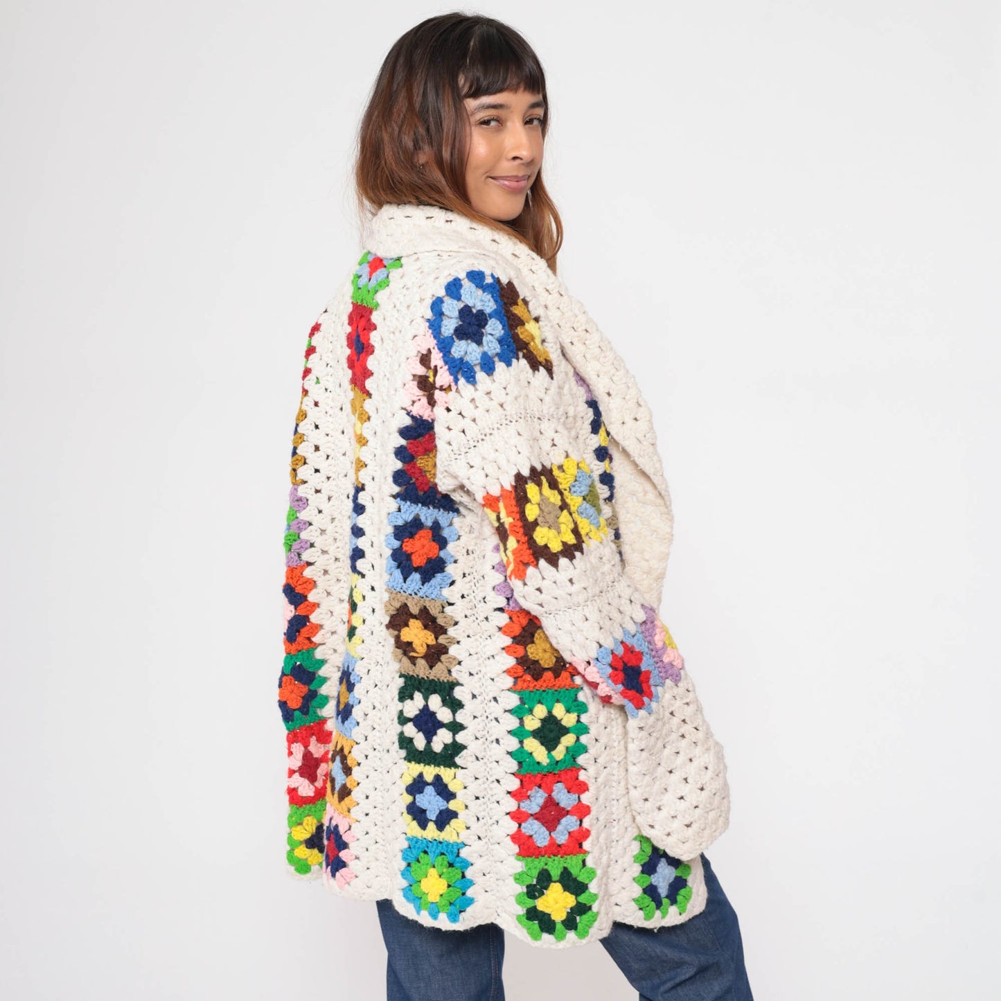 70s Crochet Cardigan Sweater Granny Square Afghan Knit Open Front Off-White Extra Large