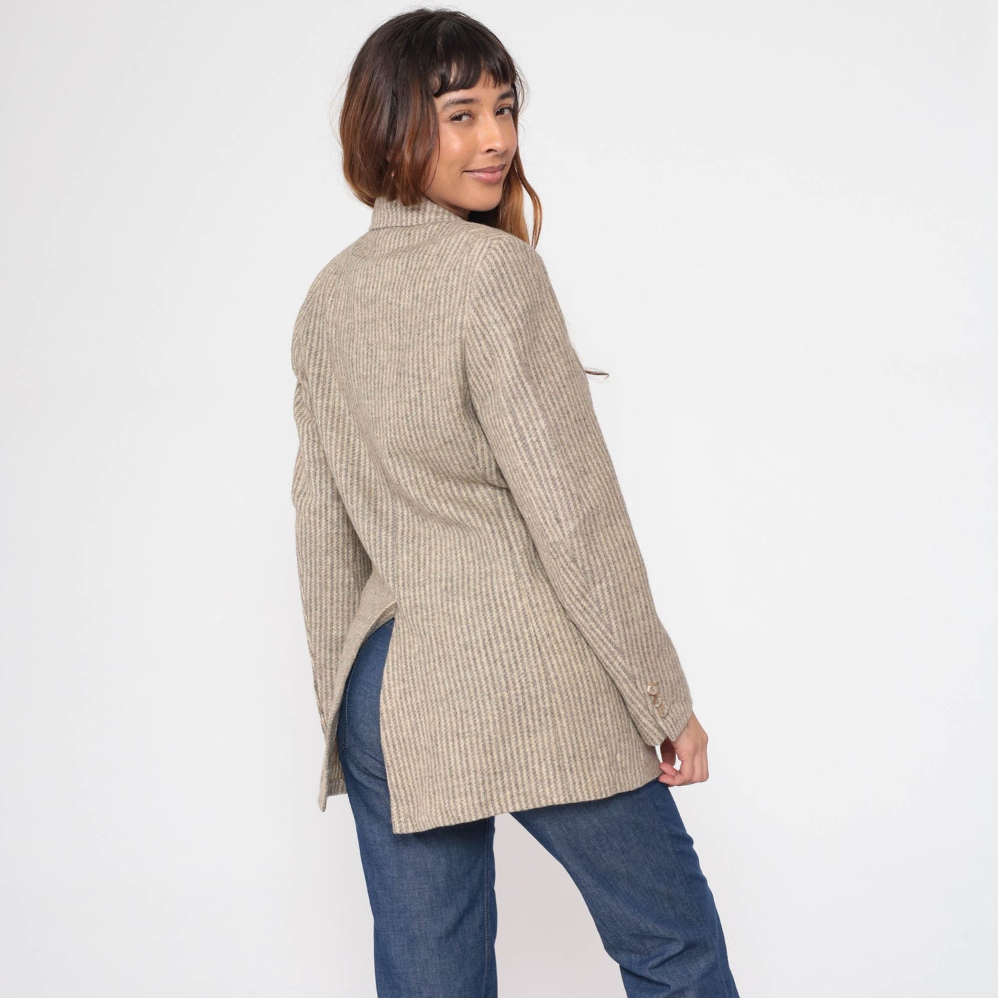 80s Striped Wool Blend Blazer Grey Beige Tailored Button-Up Small