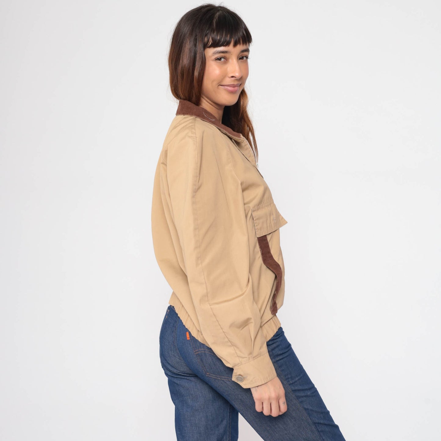 80s Tan Windbreaker Jacket Corduroy Collar Utility Pockets Zip Medium