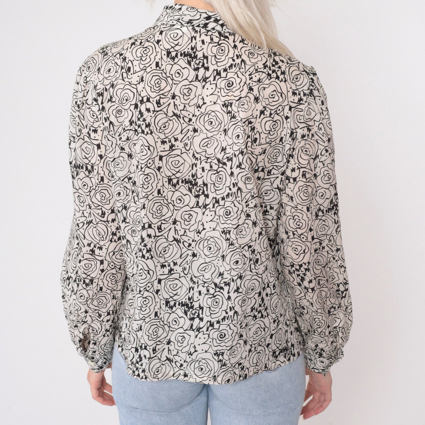80s Abstract Floral Sketch Blouse Black White Puff Sleeve Button Up Medium
