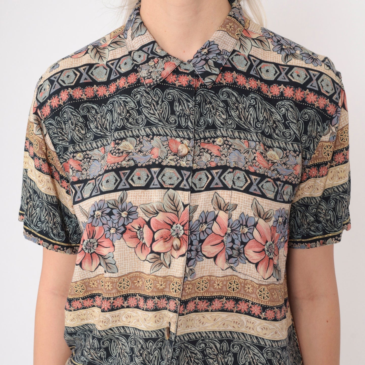 90s O.P.S New York Striped Floral Button-Up Blouse Navy Pink Cream Medium