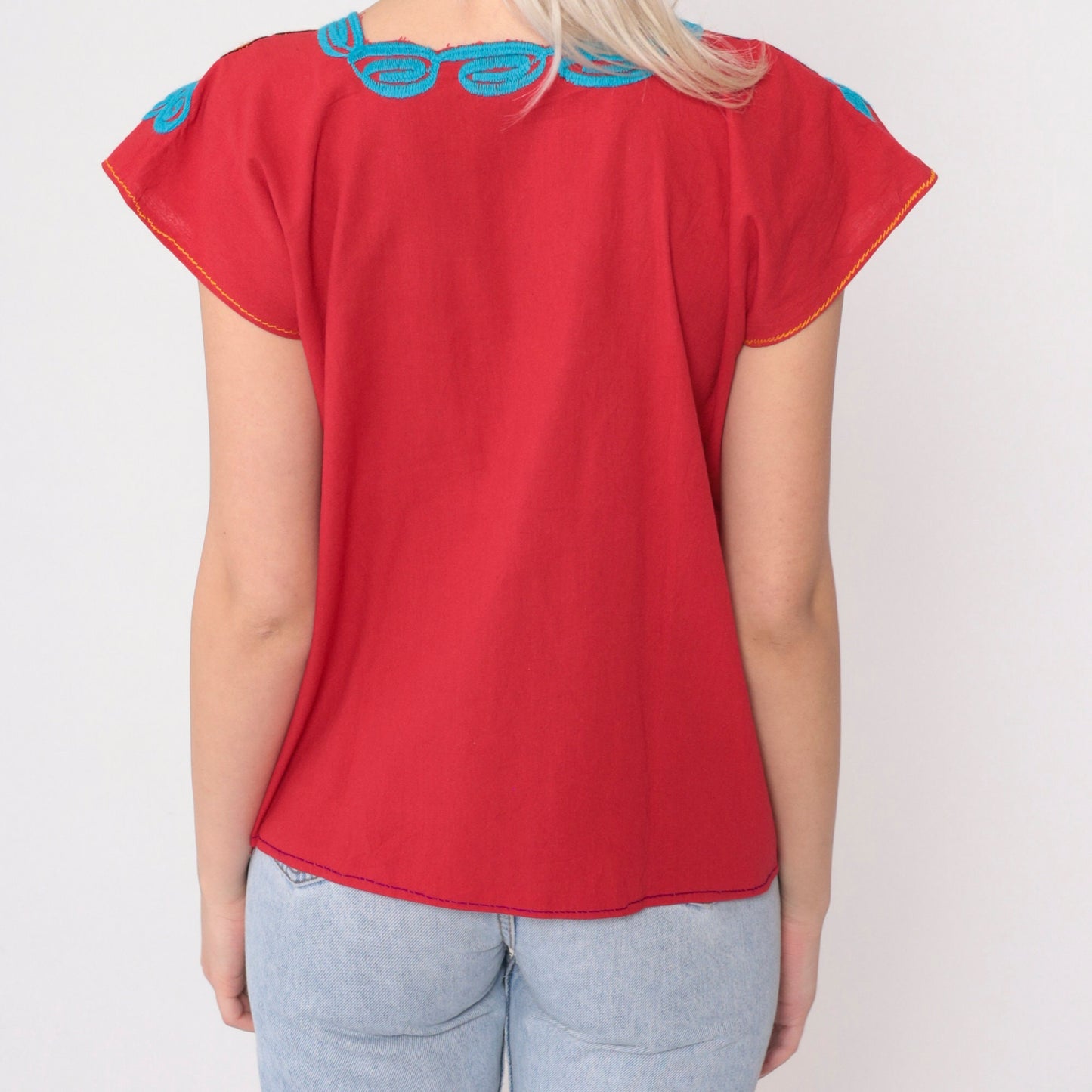 90s Mexican Embroidered Cotton Blouse Red Floral Short Sleeve Small