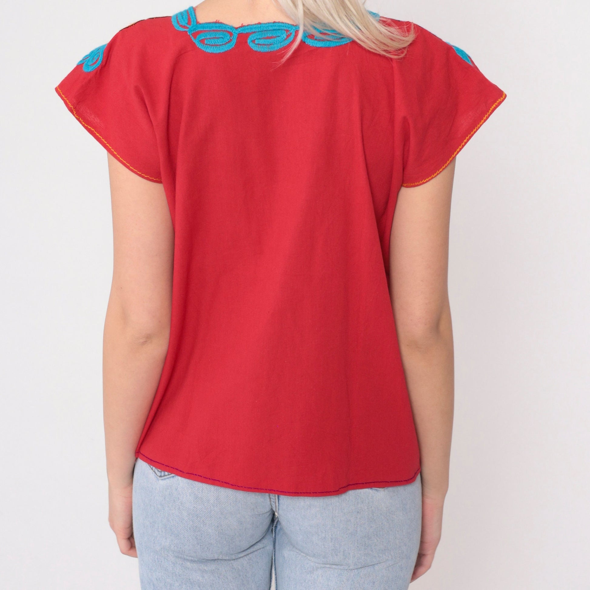 90s Mexican Embroidered Cotton Blouse Red Floral Short Sleeve Small