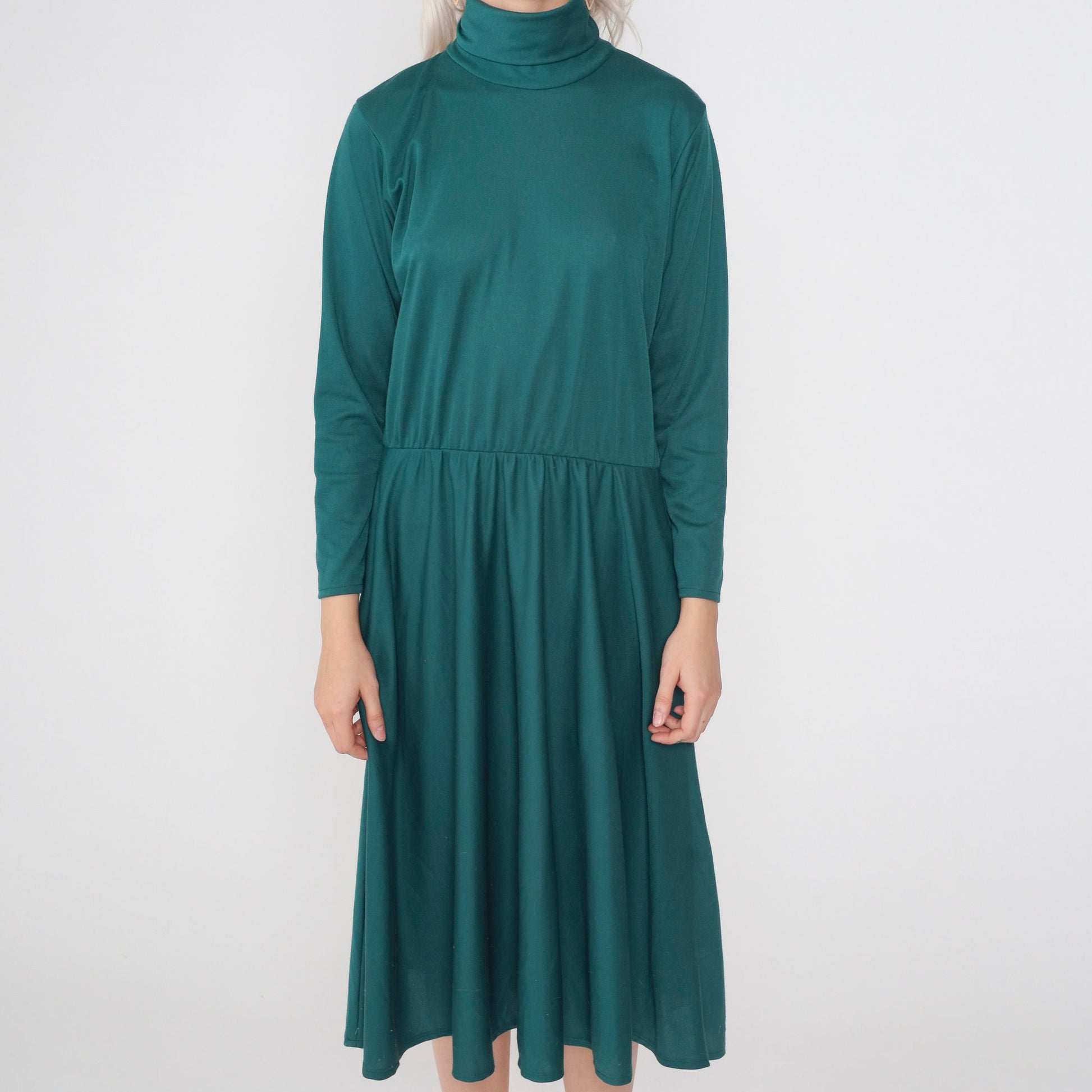 70s Green Turtleneck Midi Dress High Waisted Long Sleeve Pockets Medium