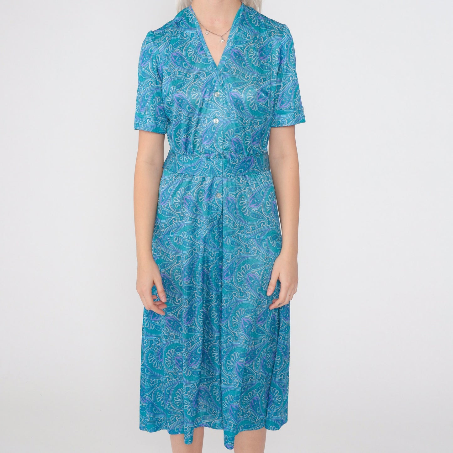70s Blue Paisley Midi Dress Button-Up Shirtwaist High Waisted Medium