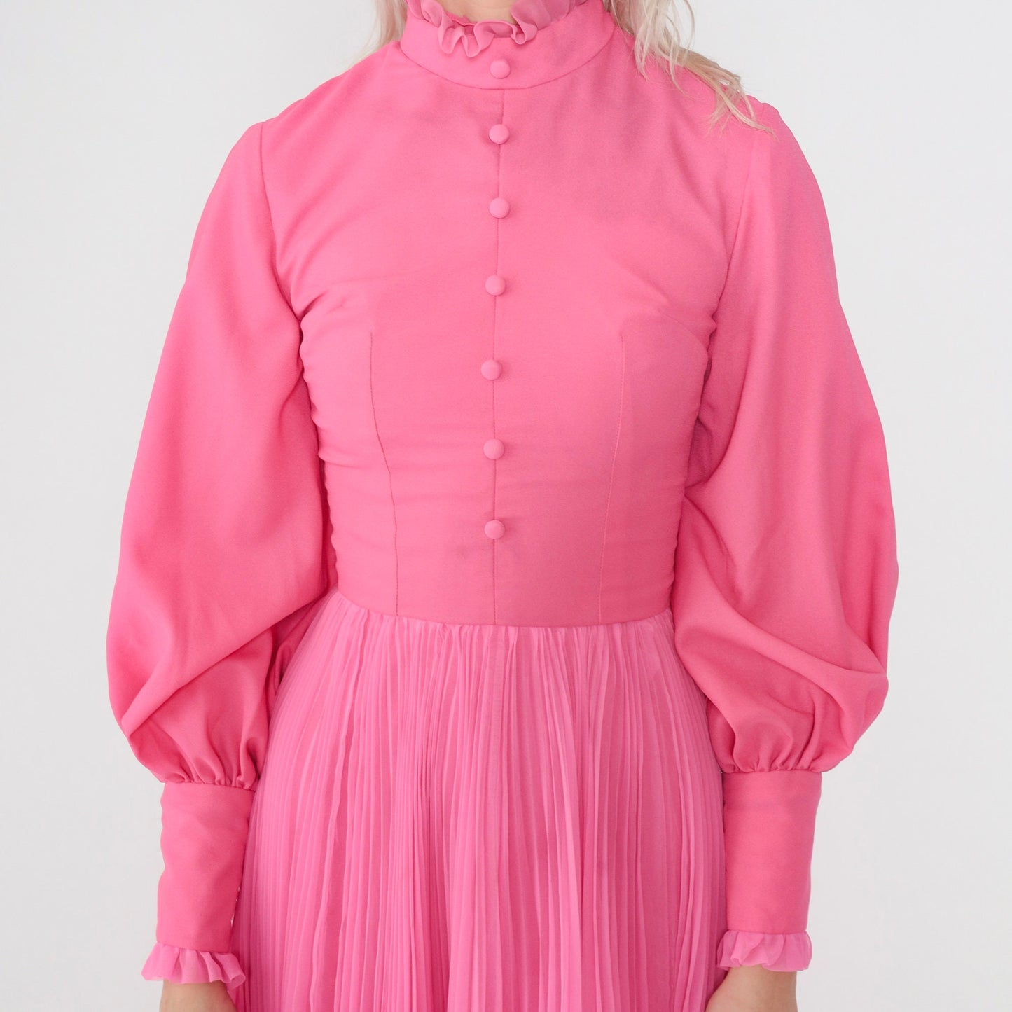 70s Hot Pink Maxi Dress Balloon Sleeve High Neck Ruffled Chiffon Extra Small