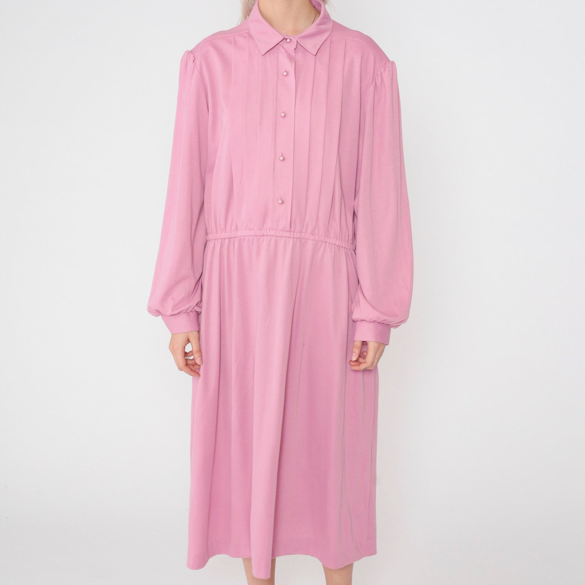 80s Pink Shirtwaist Midi Dress Button-Up High Waisted Pleated Plus Size XXL