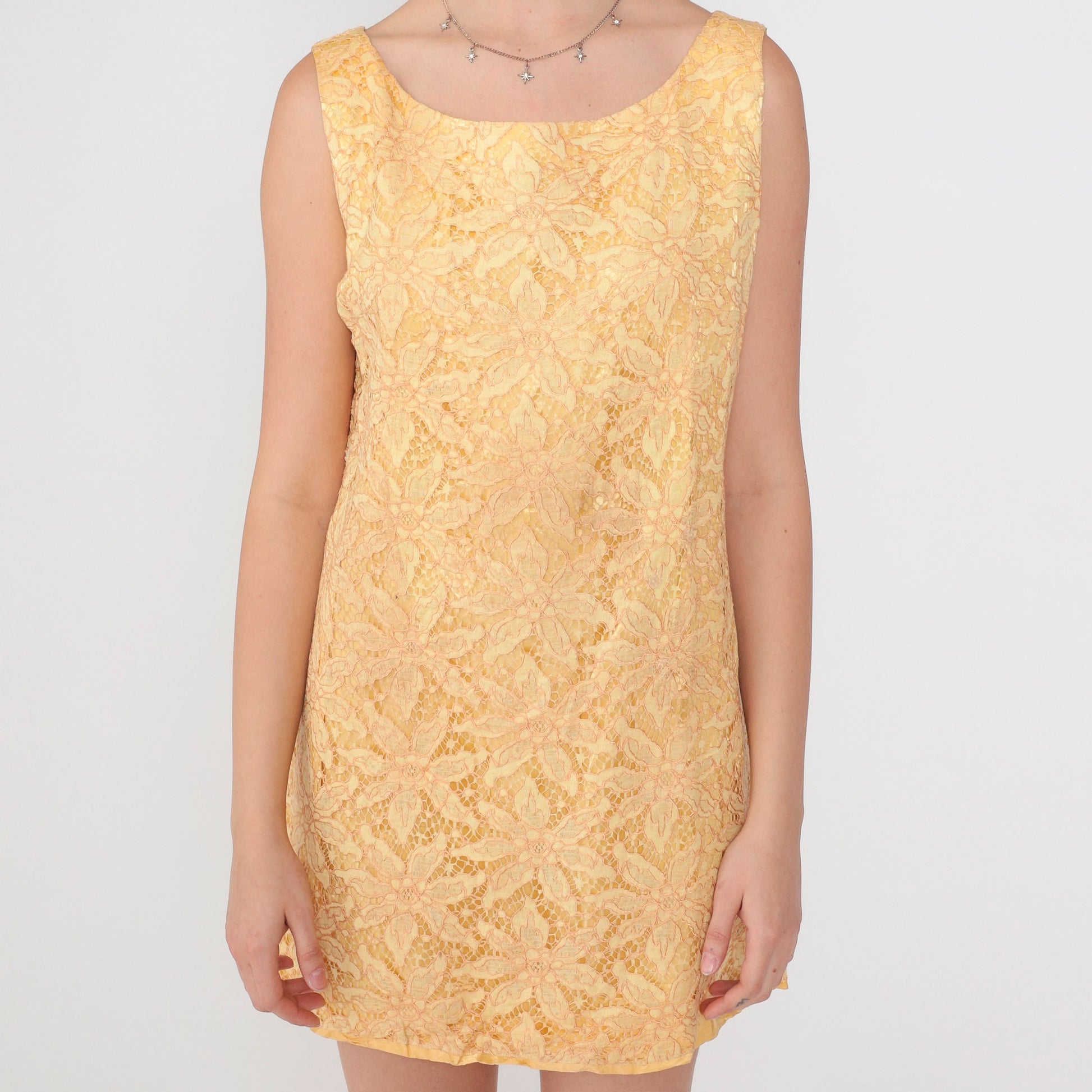 60s Yellow Floral Lace Shift Dress Mini Sleeveless Cocktail Medium M