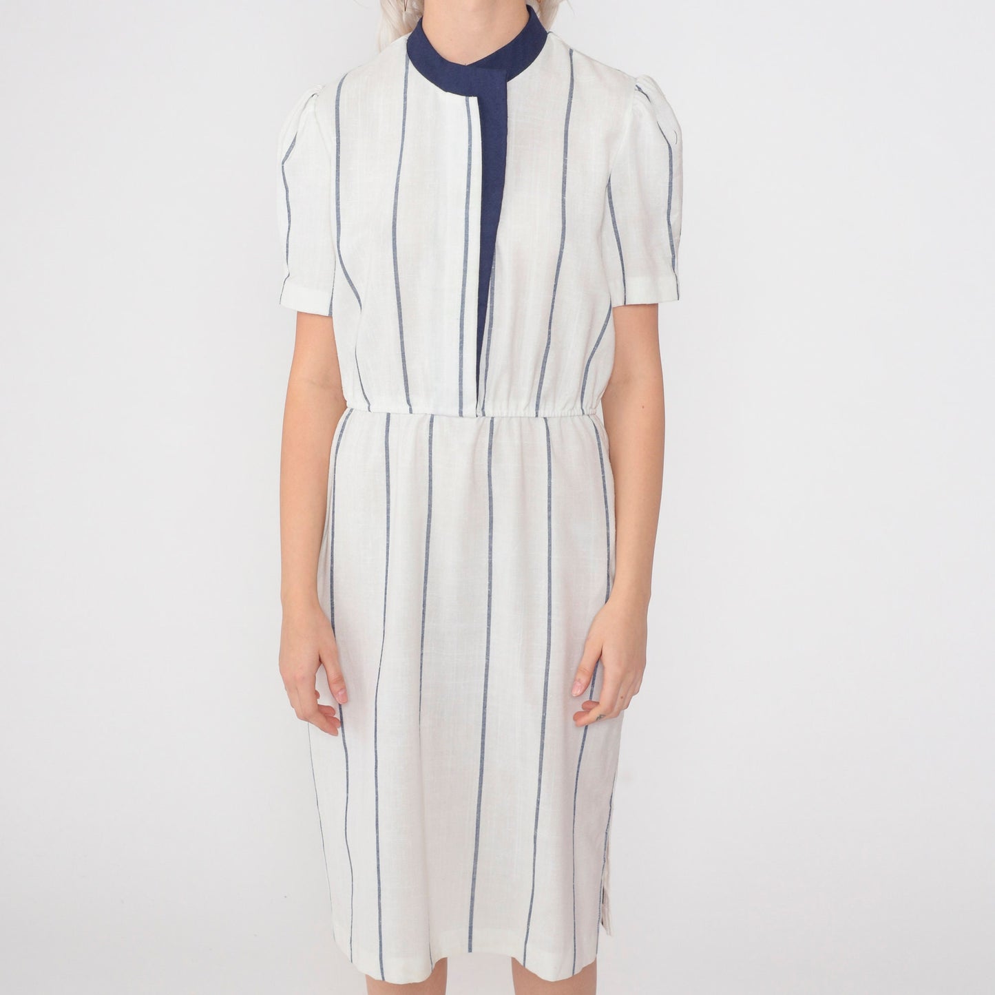 80s White Striped Midi Dress Navy Trim Puff Sleeve High Waist Large L