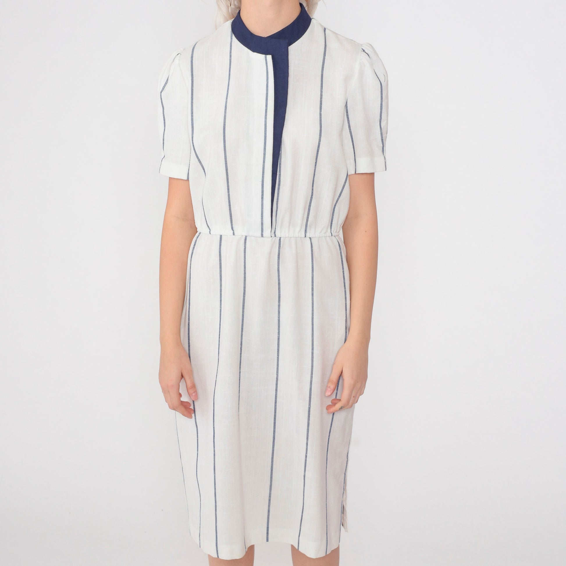 80s White Striped Midi Dress Navy Trim Puff Sleeve High Waist Large L