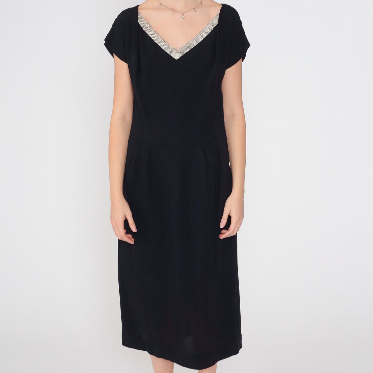1950s Black Beaded Rhinestone V-Neck Midi Dress Short Sleeve Medium