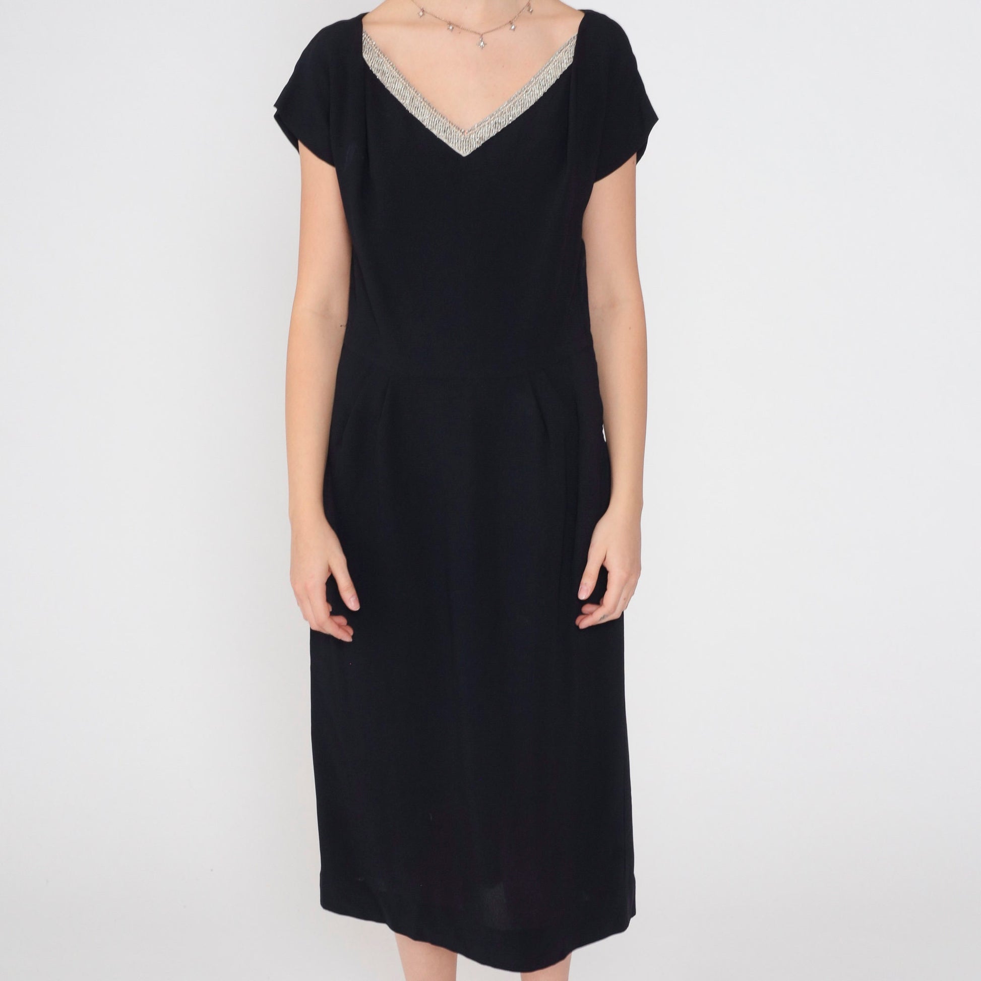 1950s Black Beaded Rhinestone V-Neck Midi Dress Short Sleeve Medium