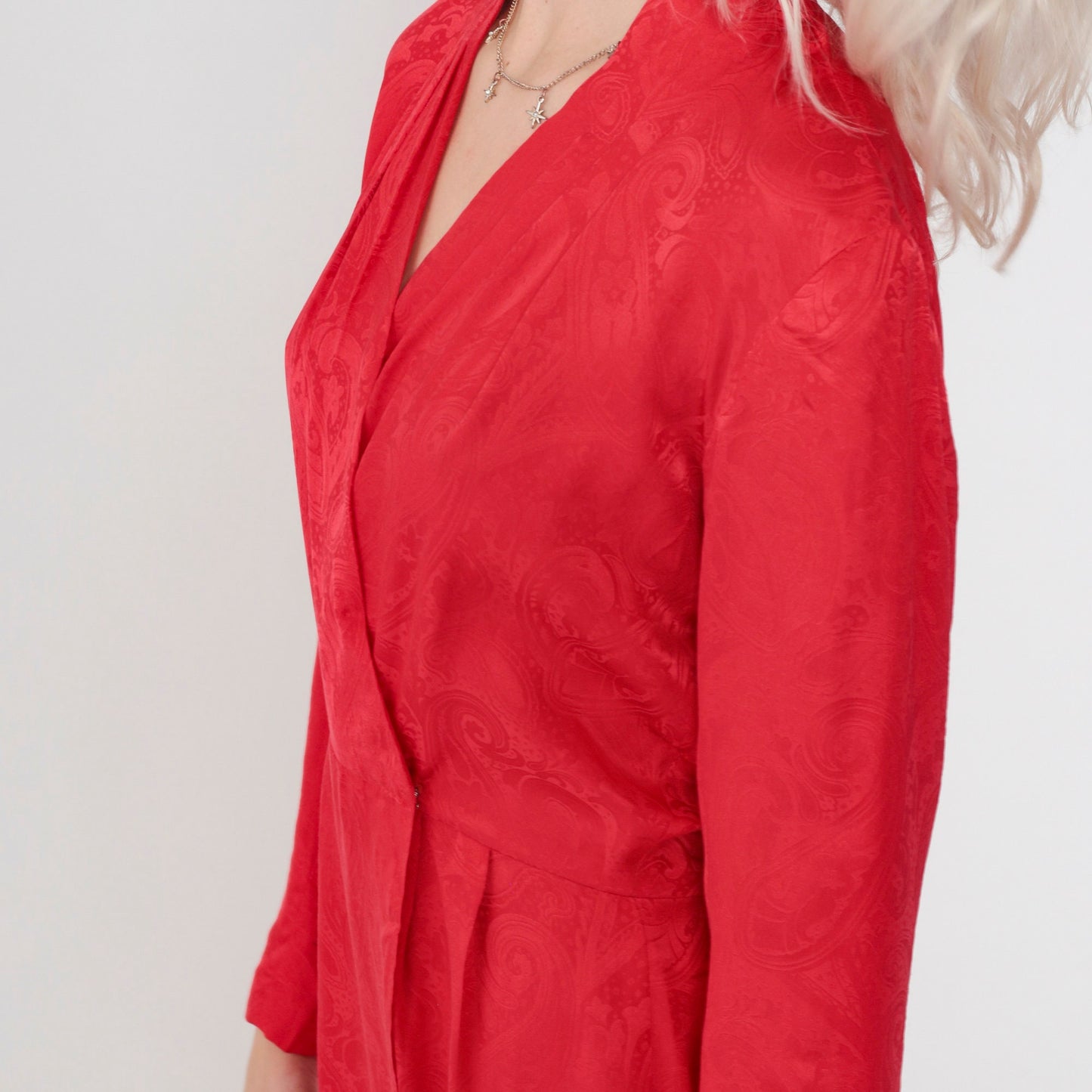 90s Liz Claiborne Red Silk Midi Dress Paisley Embossed V-Neck Faux Wrap Small