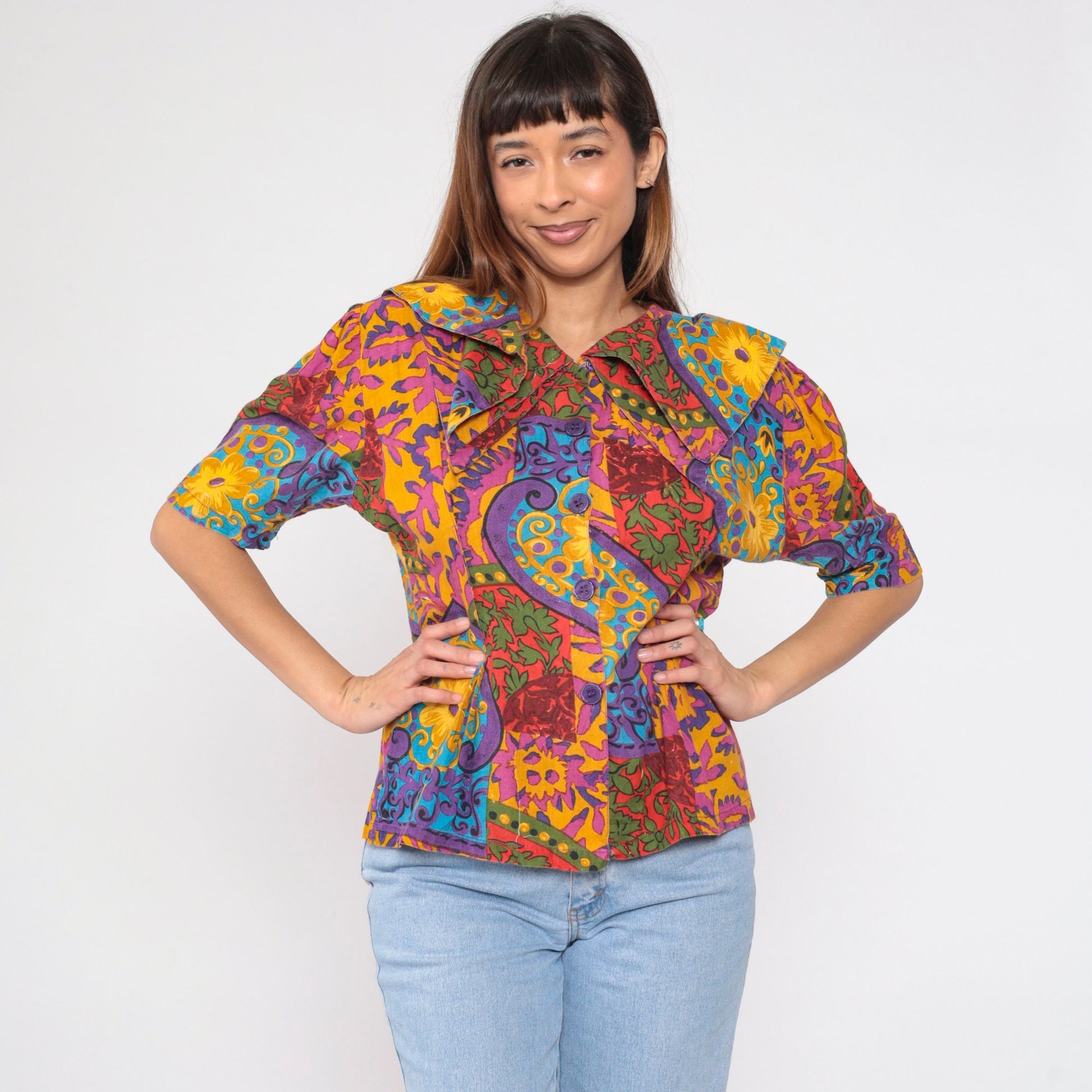 90s Mahudi Floral Cotton Blouse Puff Sleeve Pilgrim Collar Large L