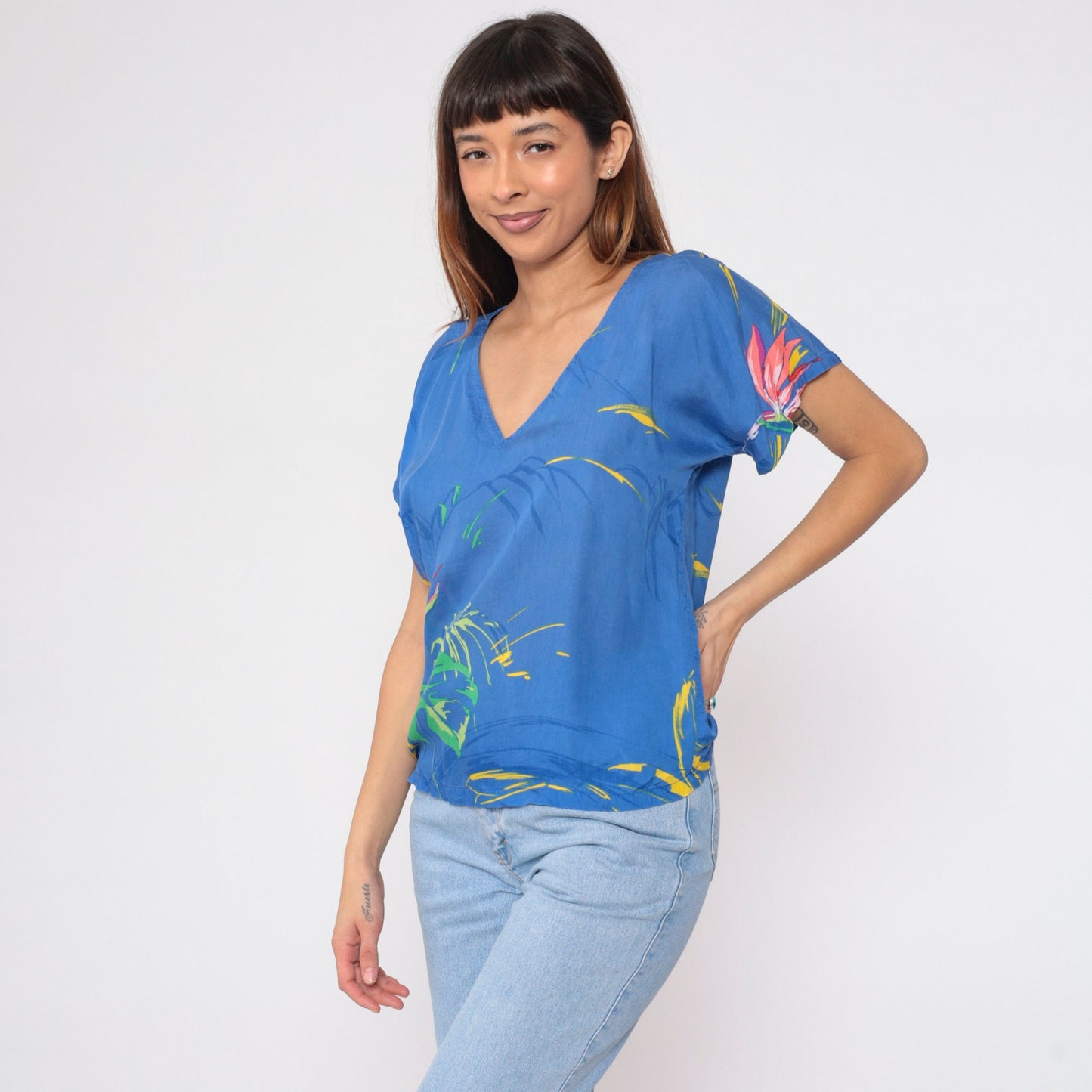 90s Tropical Floral Leaf Print Blouse Blue V-Neck Short Sleeve Medium M