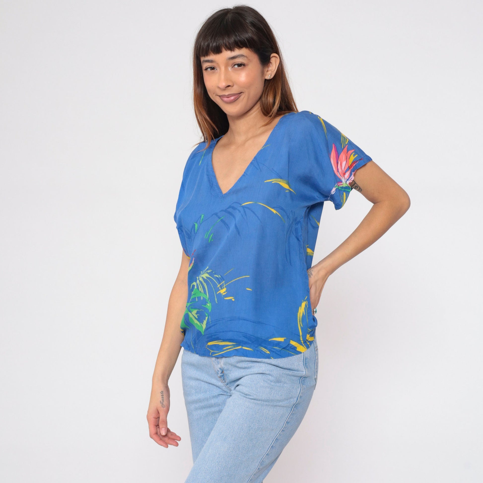 90s Tropical Floral Leaf Print Blouse Blue V-Neck Short Sleeve Medium M