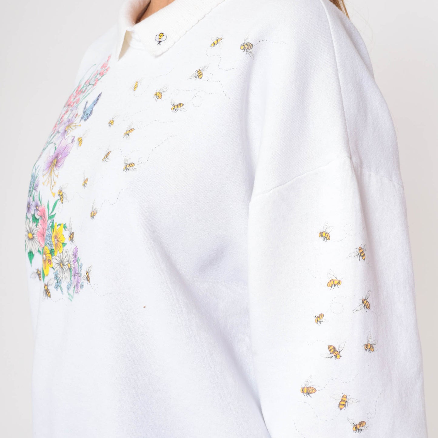 90s Honeybee Floral Butterfly Sweatshirt White Collared Pullover Extra Large XXL