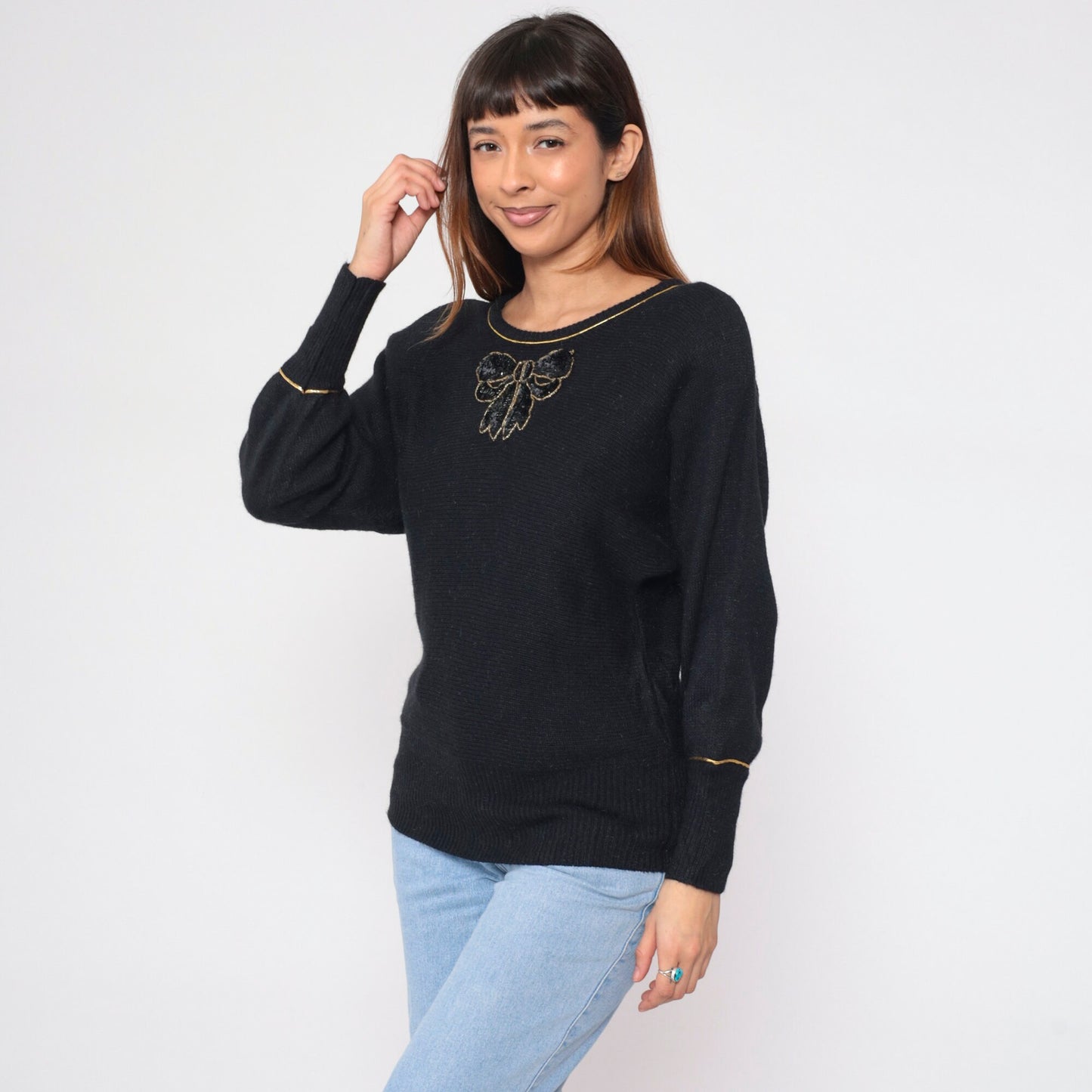 90s Andrea Gayle Black Knit Sweater Sequin Bow Metallic Gold Trim Large L