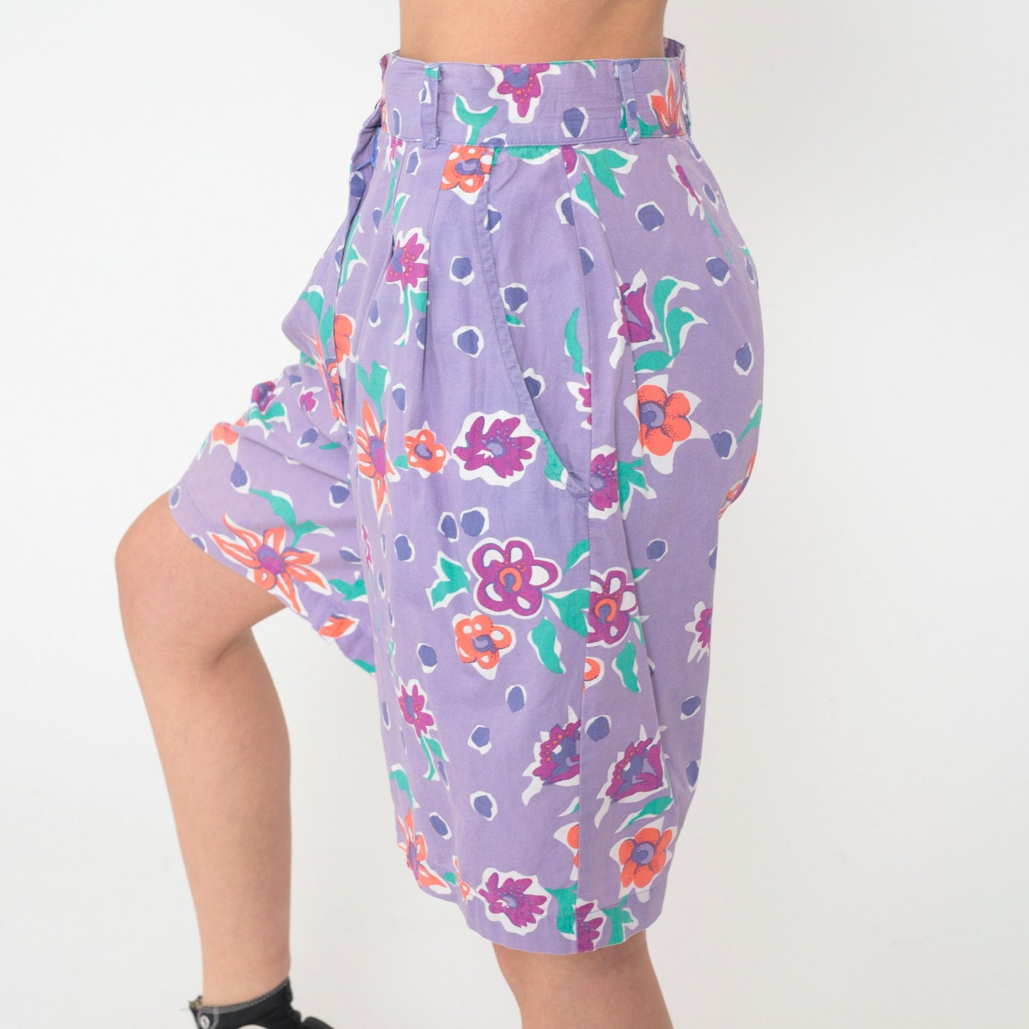 90s Lavender Polka Dot Floral Shorts High Waist Pleated Cotton Small
