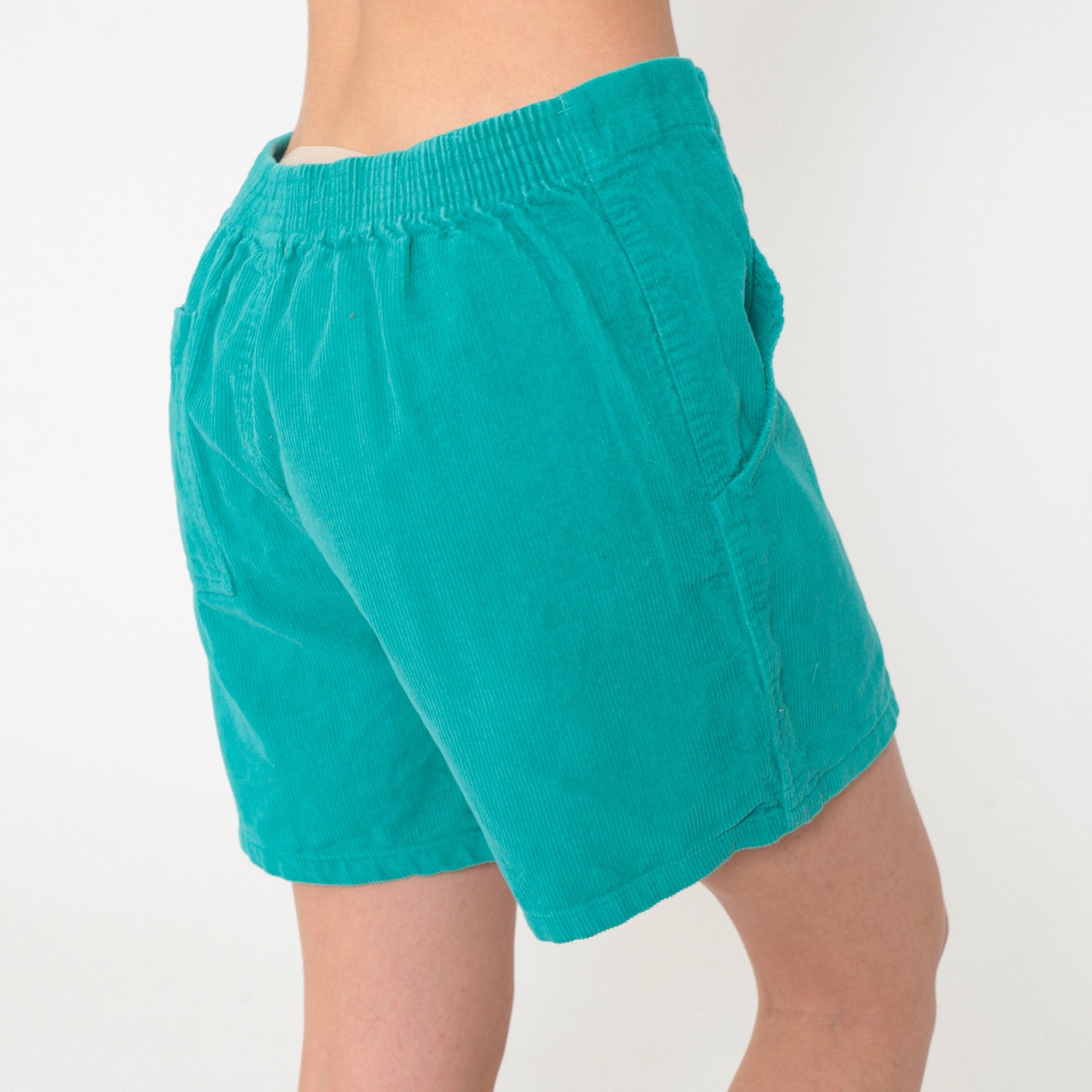 80s Green Corduroy Shorts High Waist Patch Pockets Elastic Back Medium