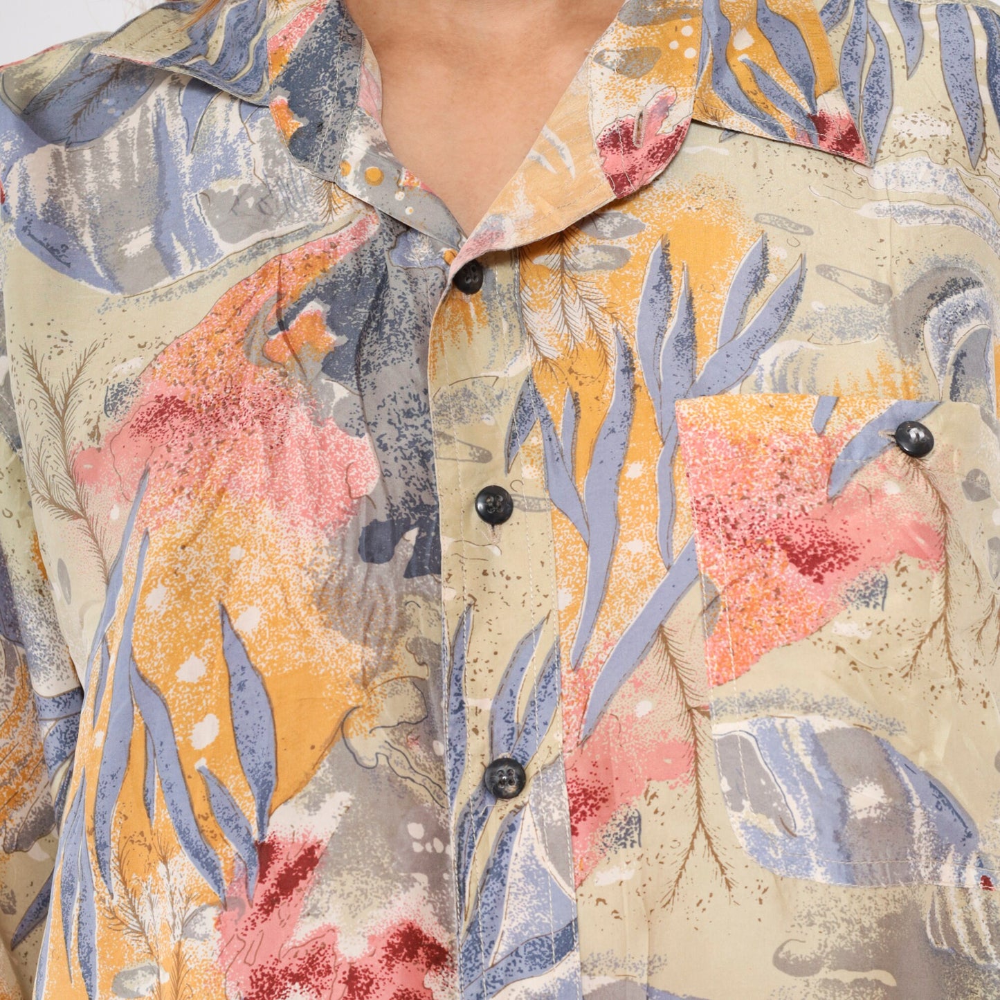 90s Fish Print Silk Button-Up Shirt Ocean Long Sleeve Medium M