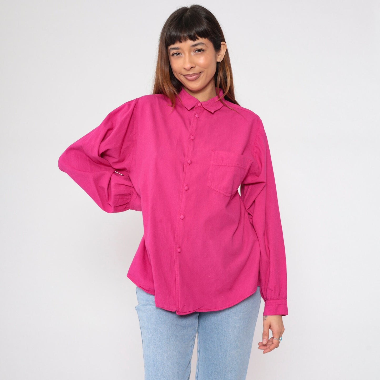 90s Fuchsia Cotton Button-Up Shirt Long Sleeve Collared Small