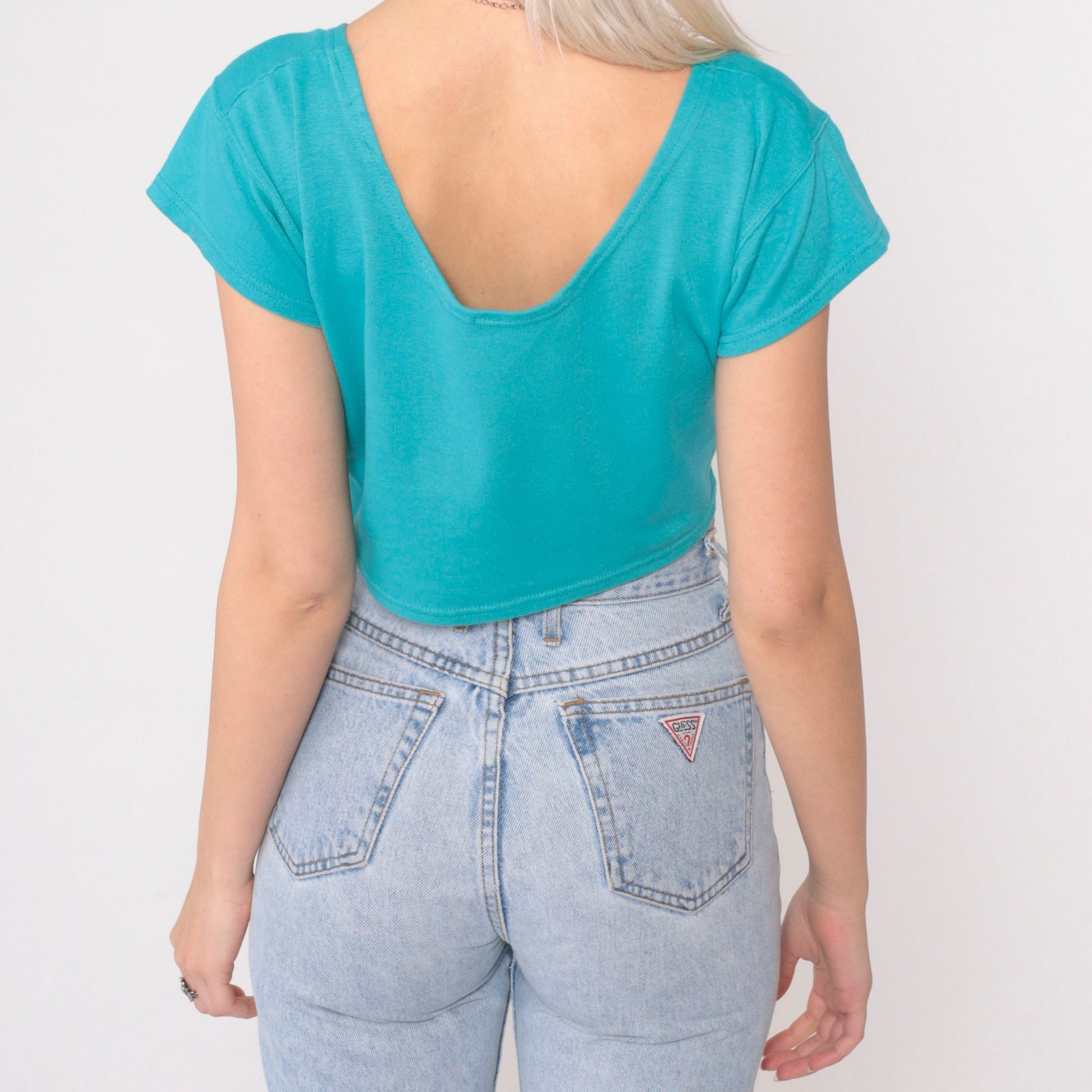 90s Turquoise Crop Top Button Up Blouse Short Sleeve Small Medium