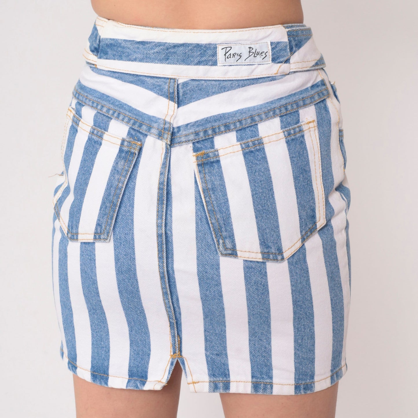 90s Paris Blues Striped Denim Mini Skirt High Waist Belt White Blue Extra Small