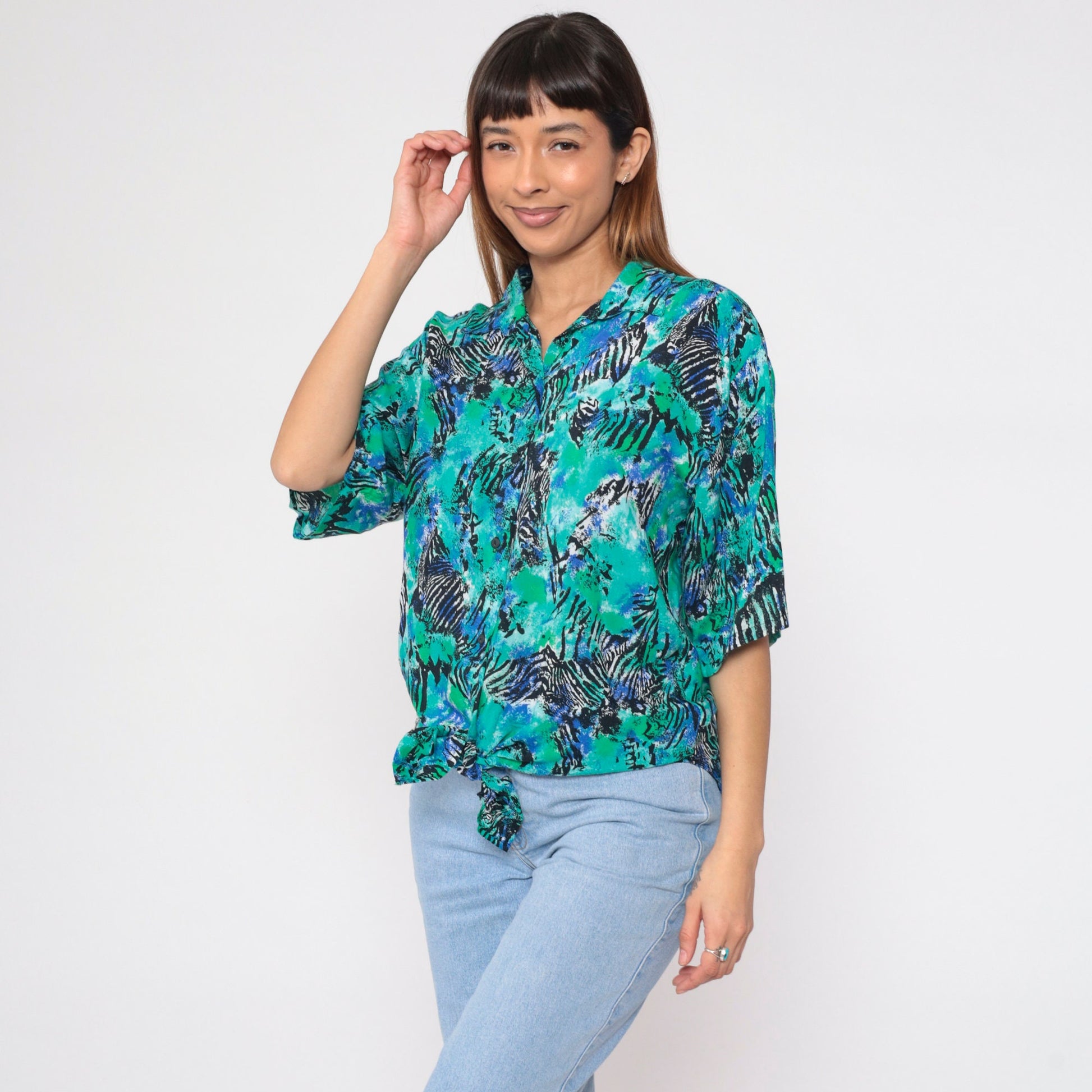 90s Abstract Zebra Print Tie-Front Blouse Blue Green Short Sleeve Medium M