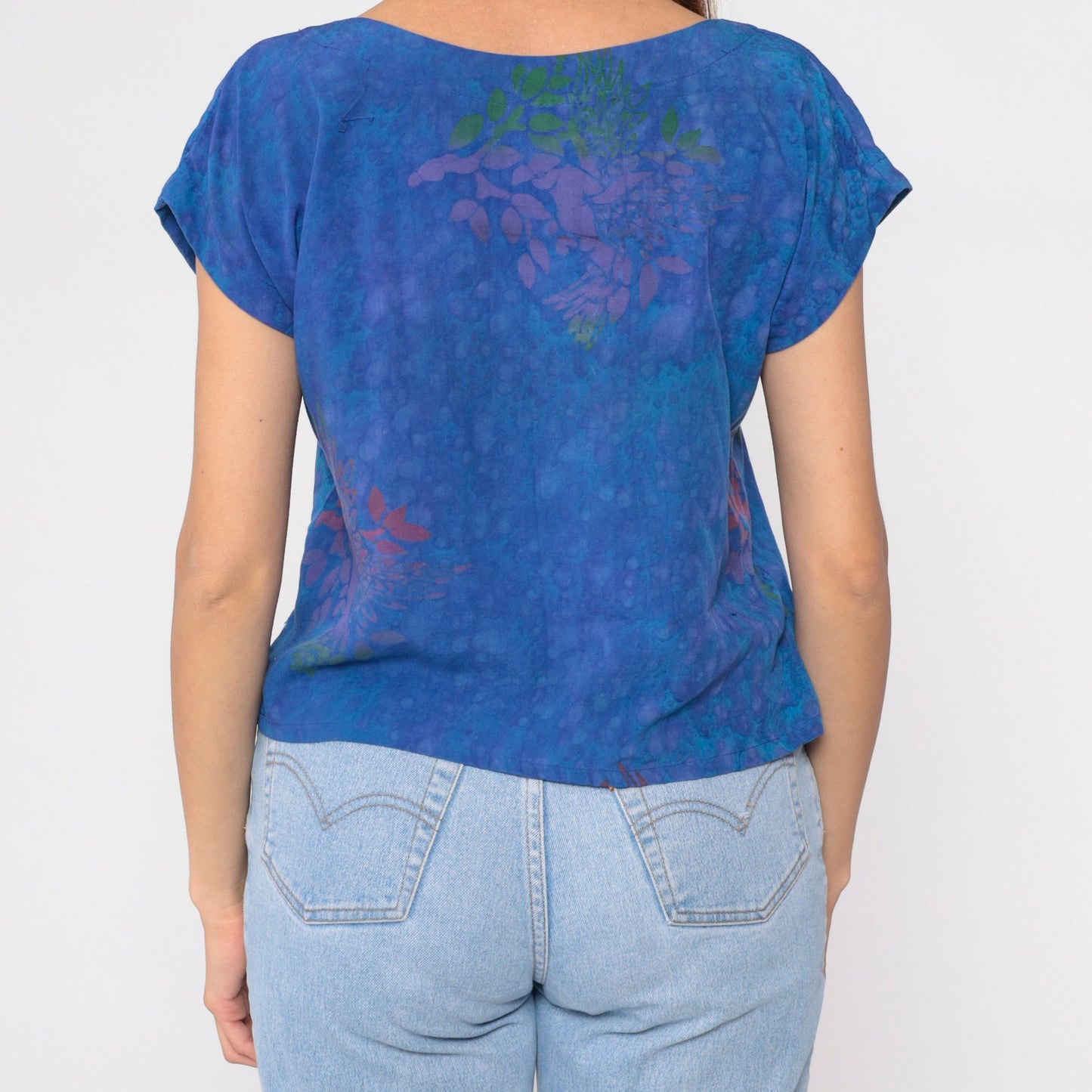 Y2K Tie Dye Floral Blouse Blue Pink Green Cap Sleeve Small