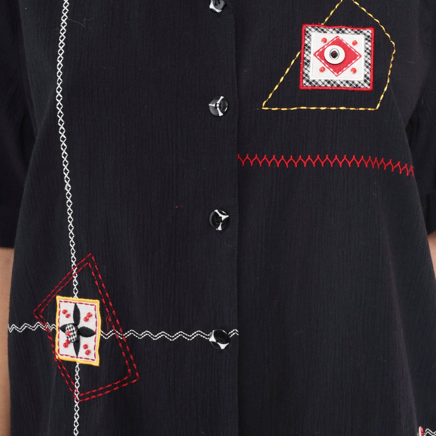 90s Koret Black Button-Up Blouse Abstract Embroidery Beaded Patch Large L