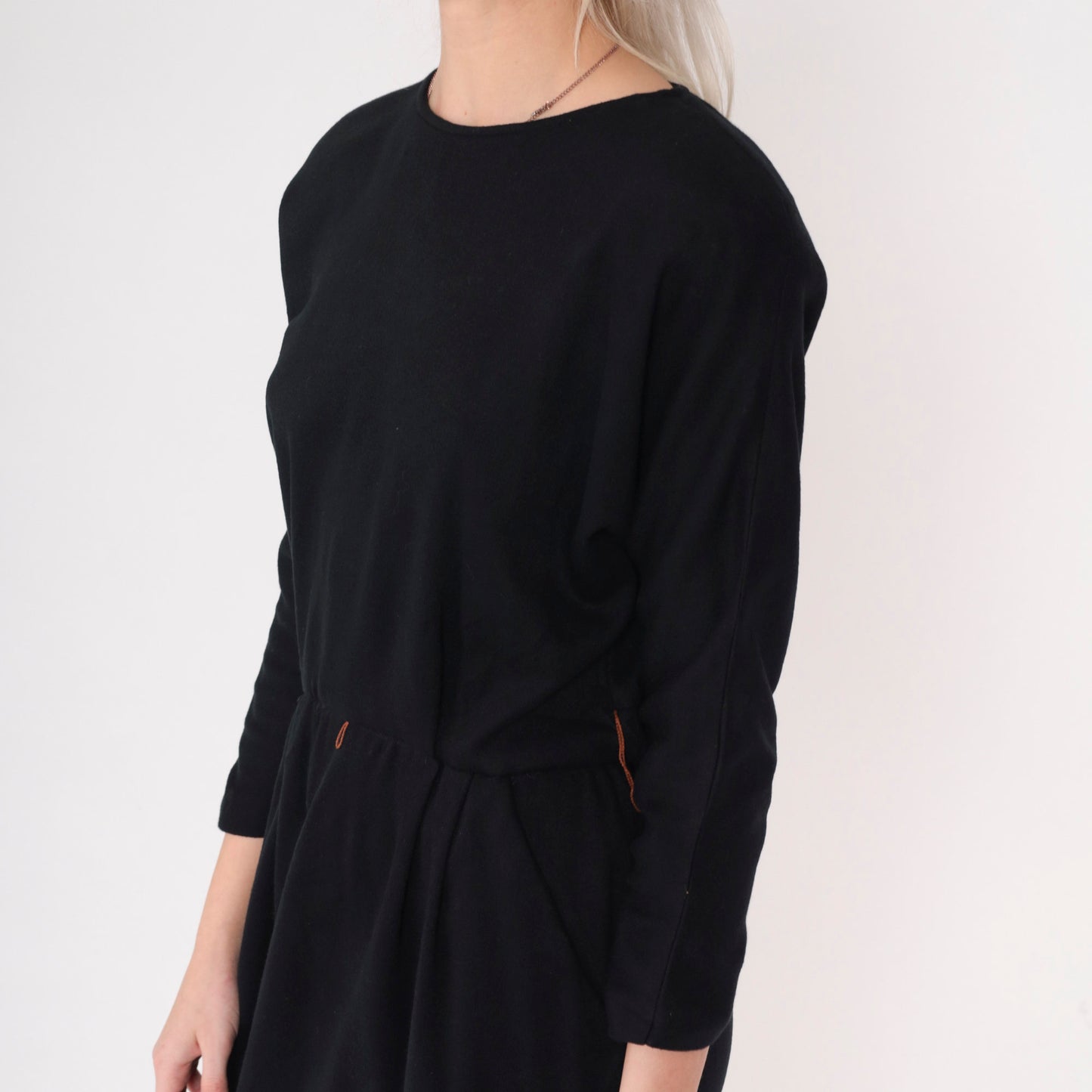 80s Black Midi Dress High Waist Pleated Pockets Long Sleeve Medium Large