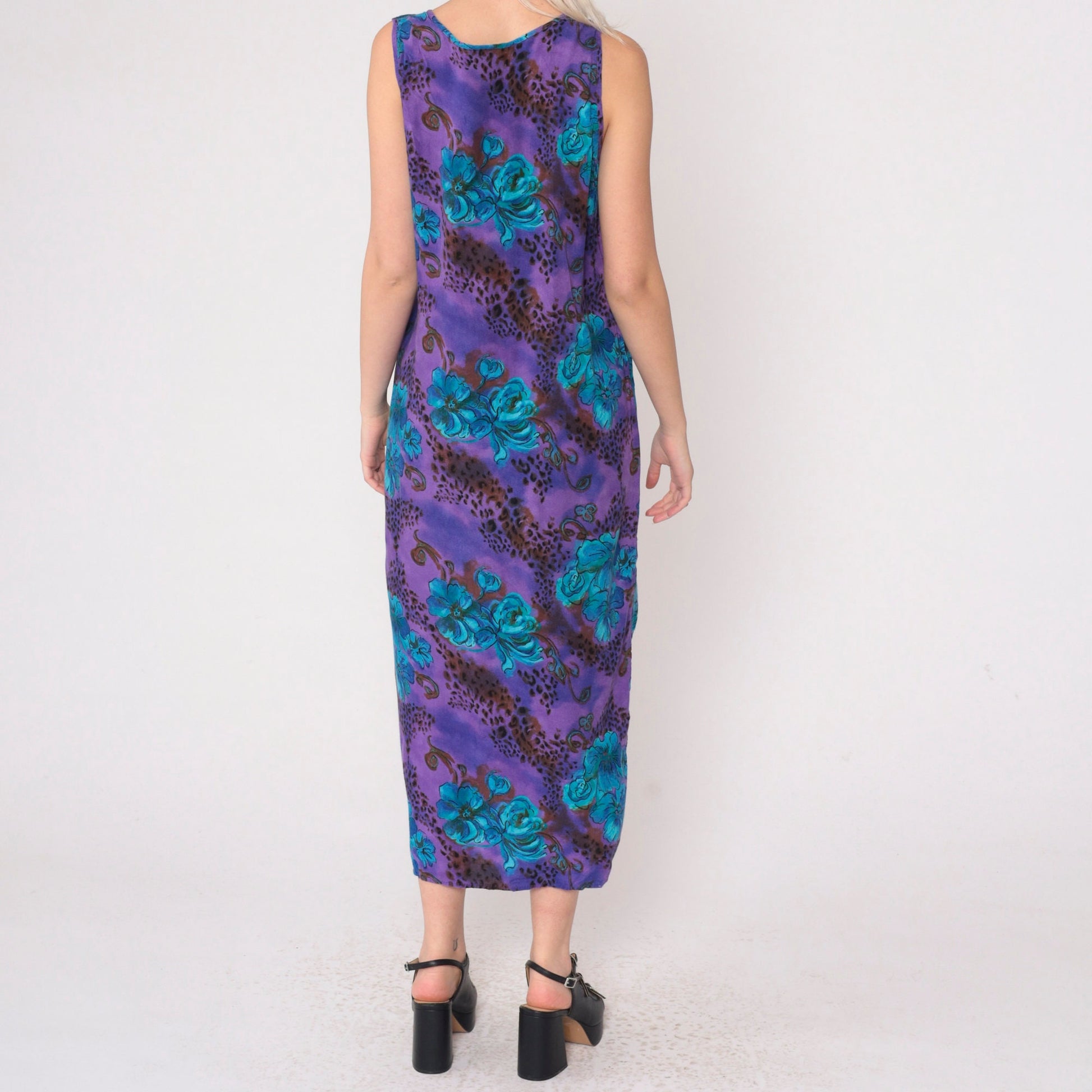 90s Caribou Floral Leopard Print Midi Dress Purple Blue Sleeveless Small