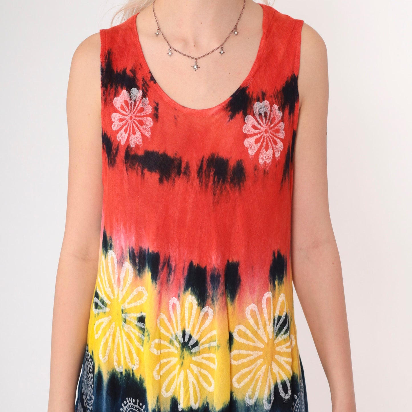 00s Tie Dye Floral Midi Dress Sleeveless Scoop Neck Waterfall Hem Small Medium