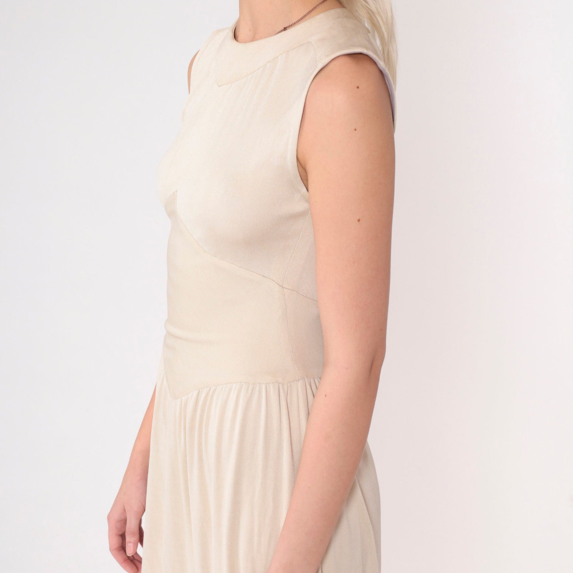 1970s Beige Asymmetrical Chevron Maxi Dress High Neck Sleeveless Small