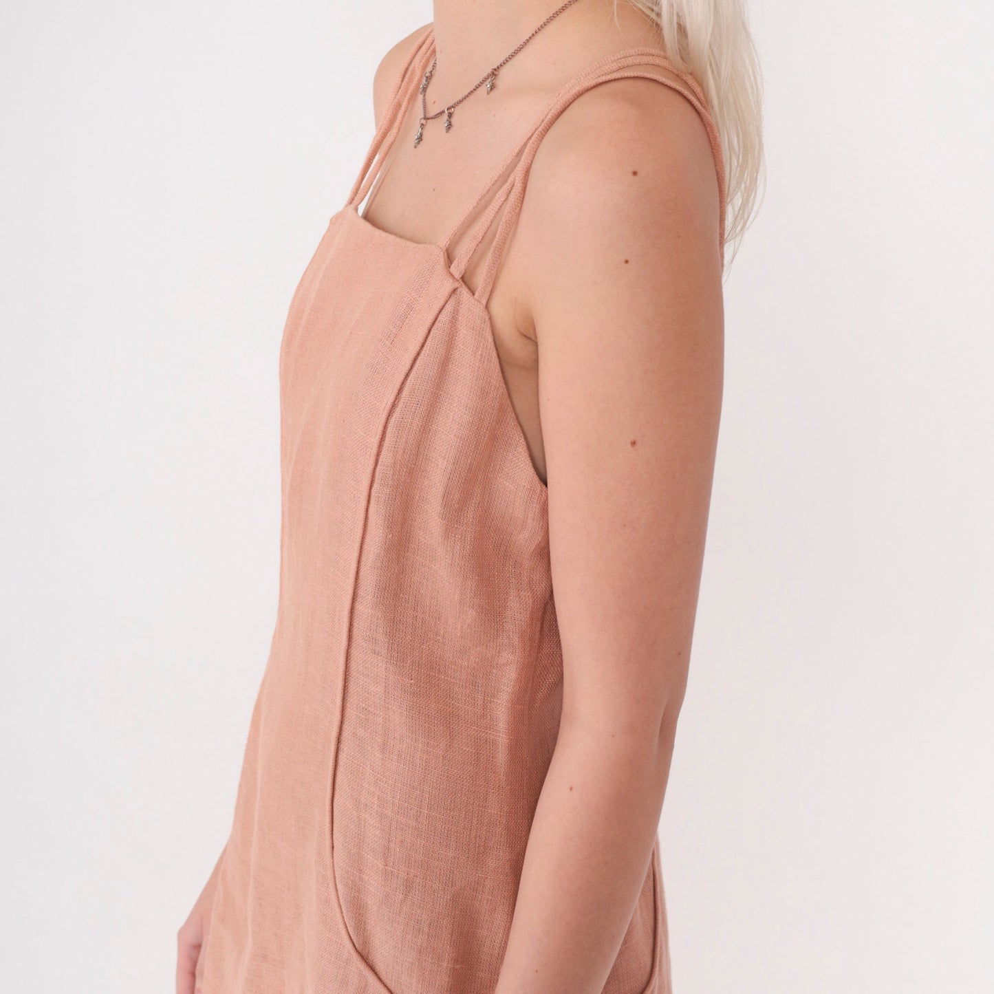 90s Muted Peach Linen Mini Dress Triple Spaghetti Strap Sheath Small