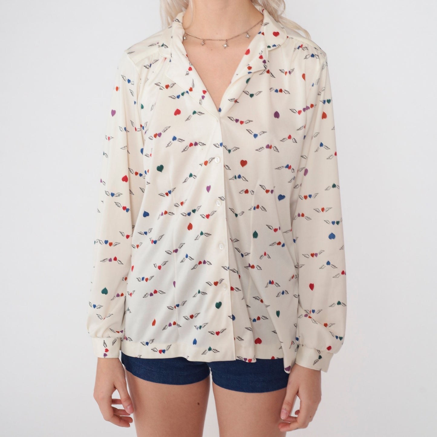 70s Winged Heart Print Button-Up Blouse Off-White Long Sleeve Collared Large