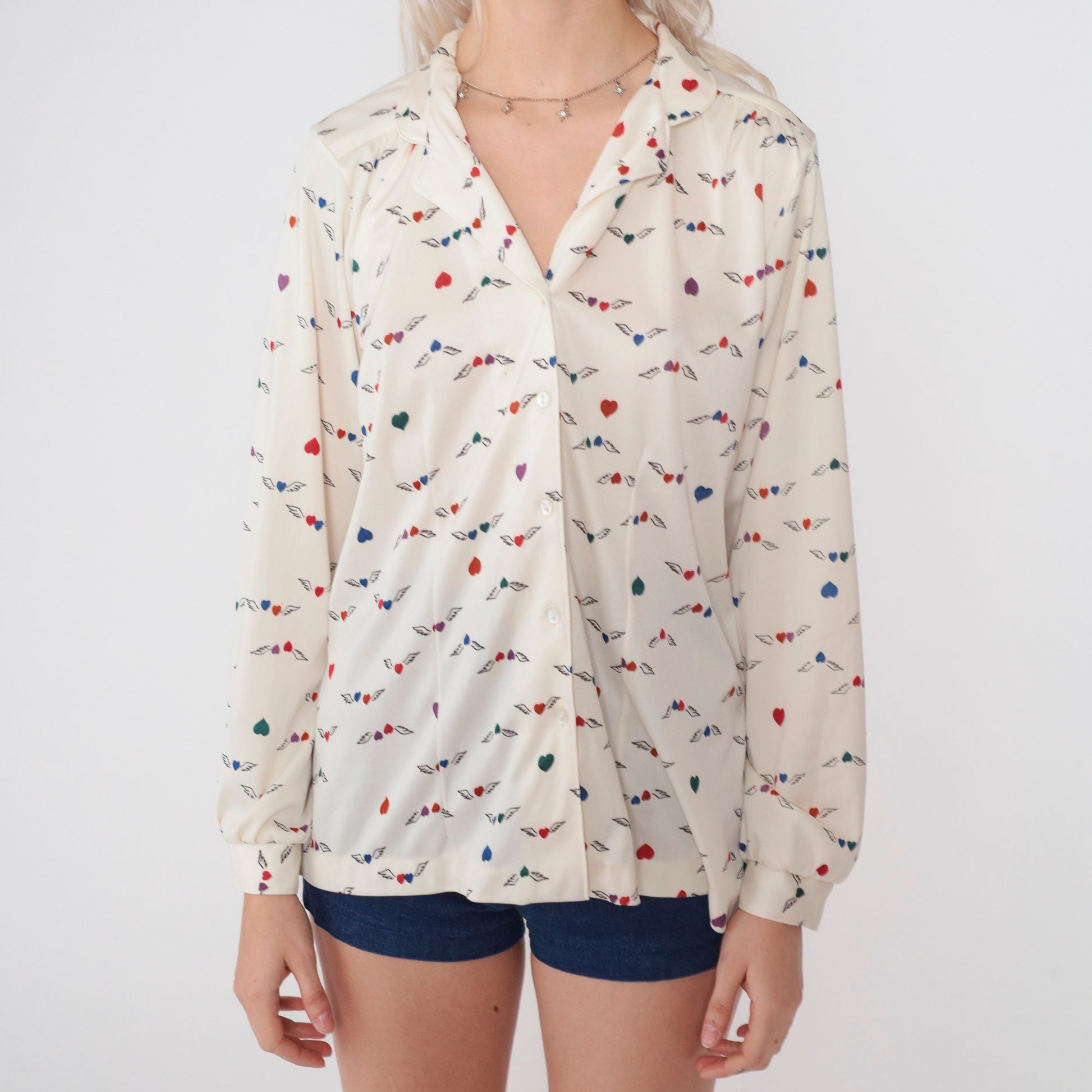 70s Winged Heart Print Button-Up Blouse Off-White Long Sleeve Collared Large