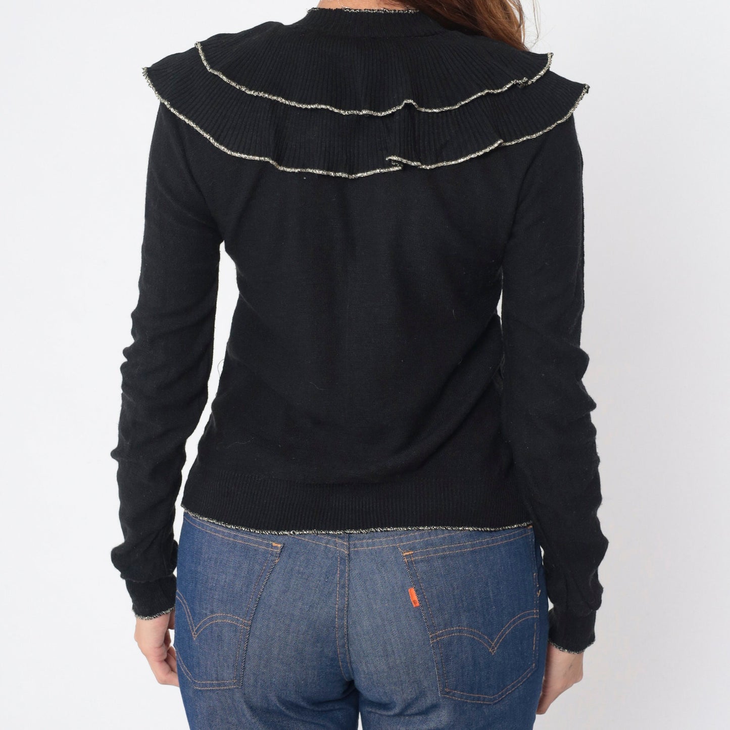 70s Black Sweater Double Bertha Collar Silver Metallic Trim Knit Pullover Extra Small