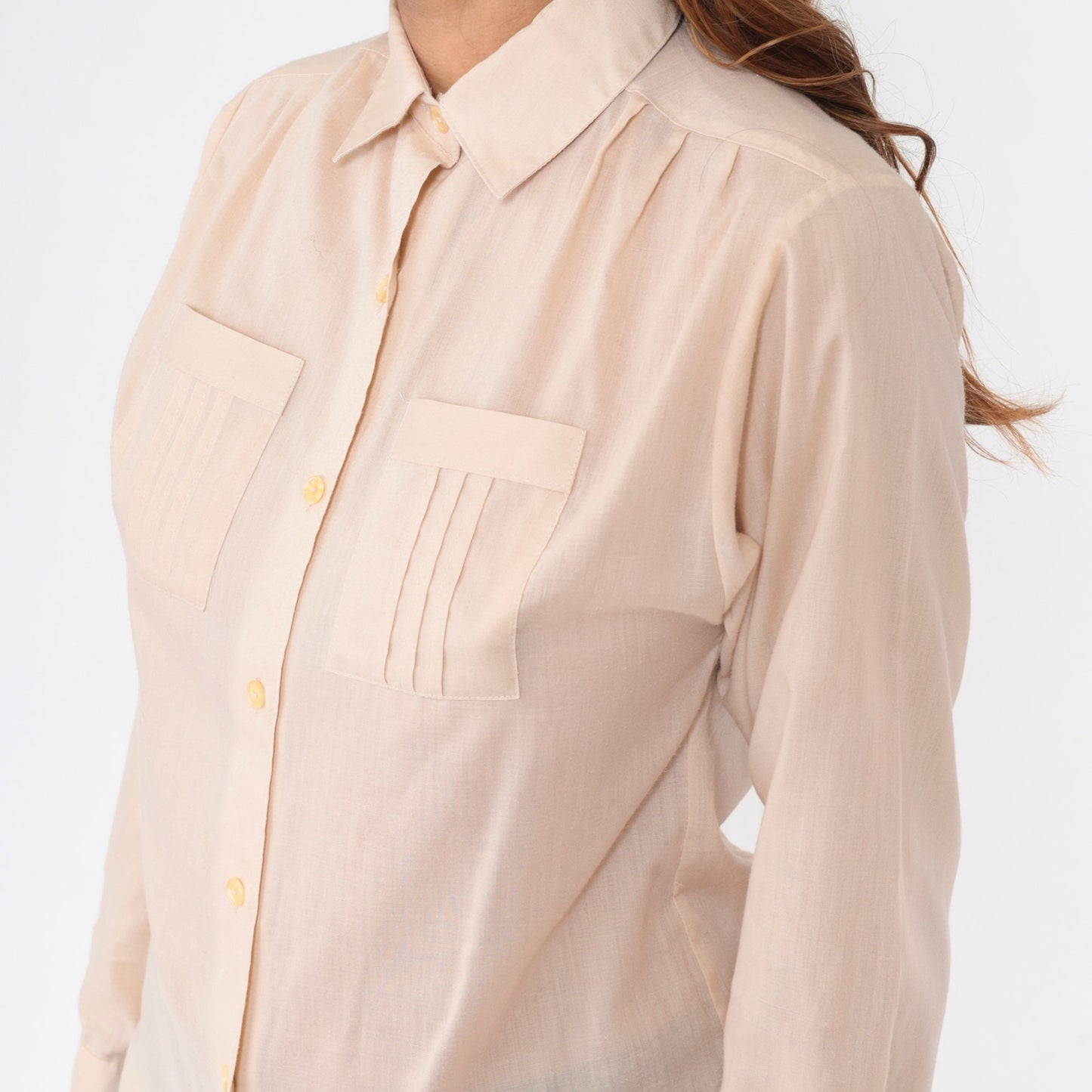 70s 80s College Town Beige Button-Up Shirt Chest Pockets Long Sleeve Small