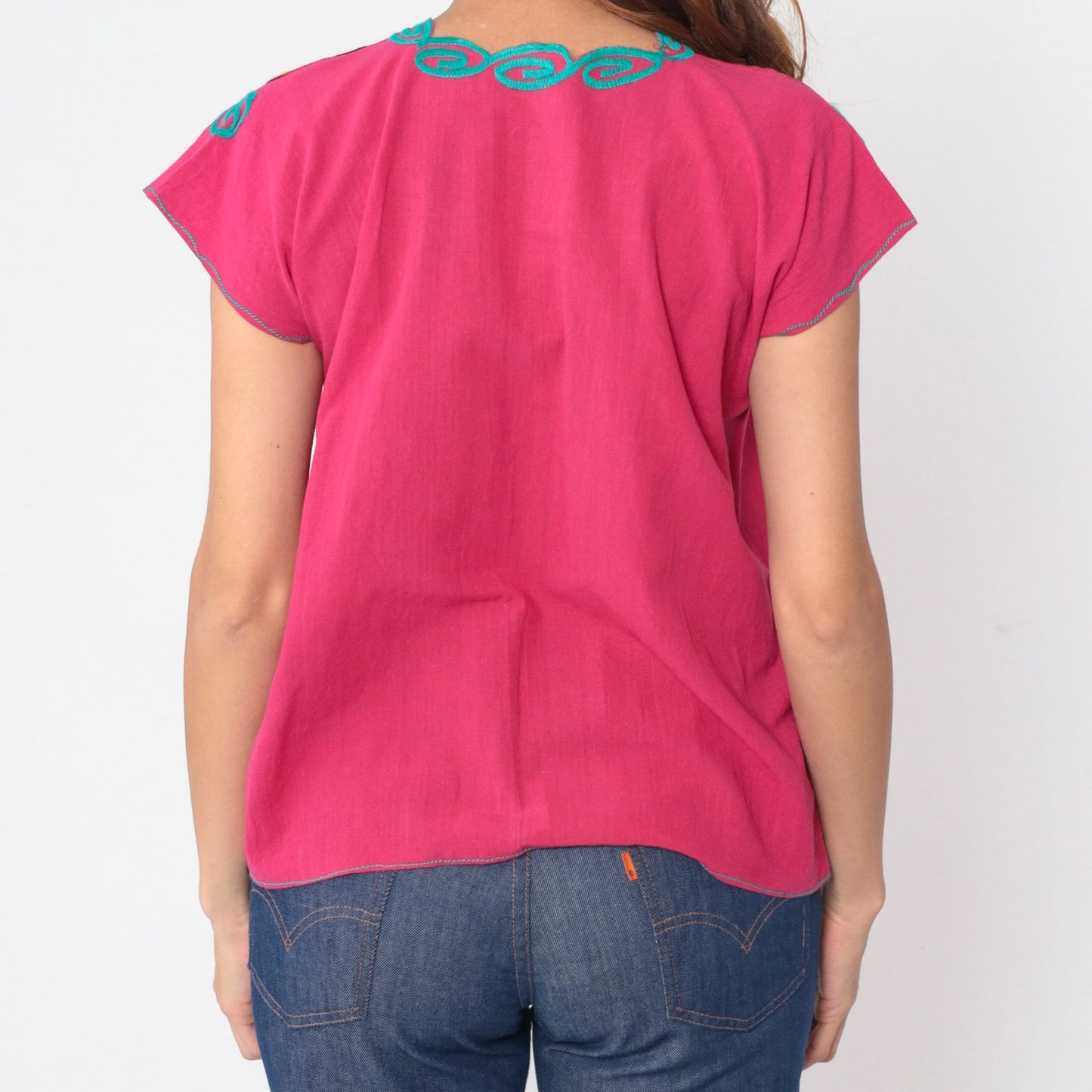 90s Mexican Embroidered Blouse Hot Pink Floral Cotton Peasant Small